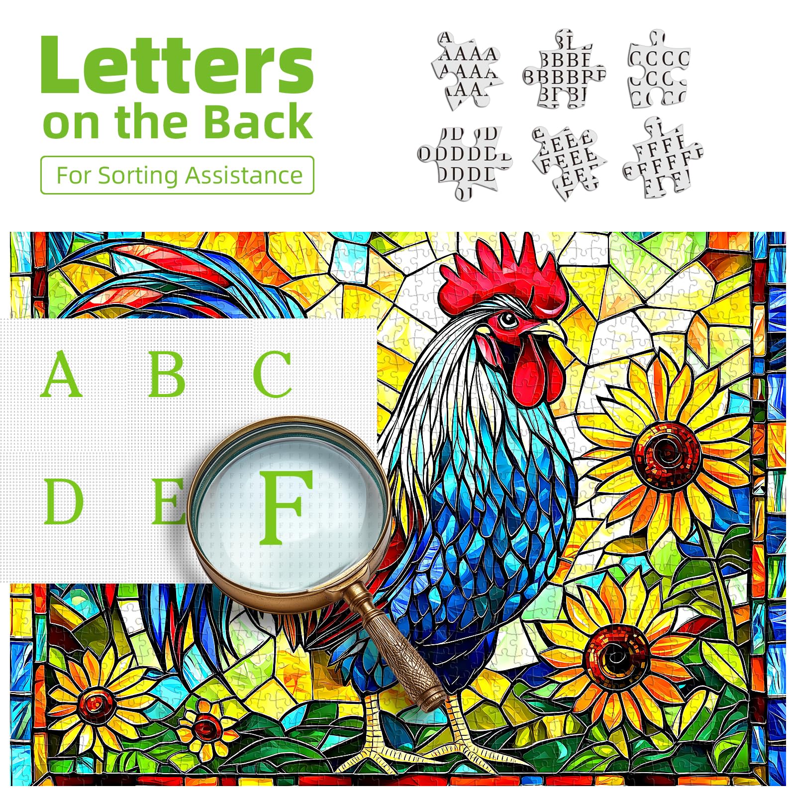 MINIWAN stained glass rooster puzzle with letters on back aids efficient sorting