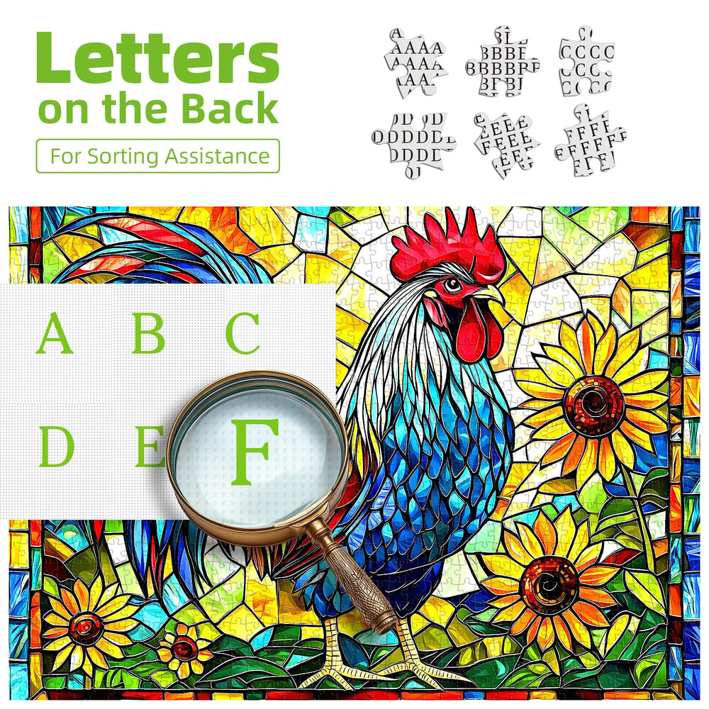 MINIWAN stained glass rooster puzzle with letters on back aids efficient sorting
