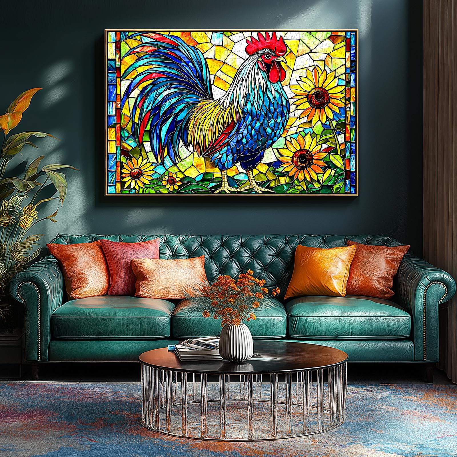 MINIWAN rooster puzzle with sunflowers creates a bright mood for family game night
