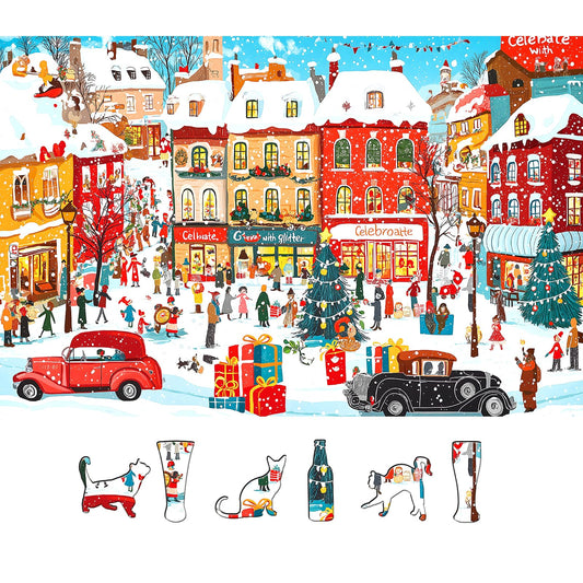 MINIWAN Vintage Christmas Town puzzle – snowy town street with classic cars, ideal for family puzzle night.