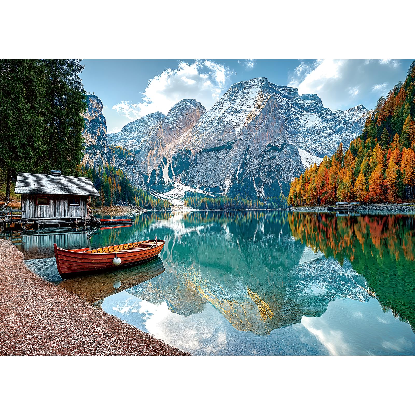 MINIWAN Braies Lake puzzle shows mountain reflections for a relaxing session.