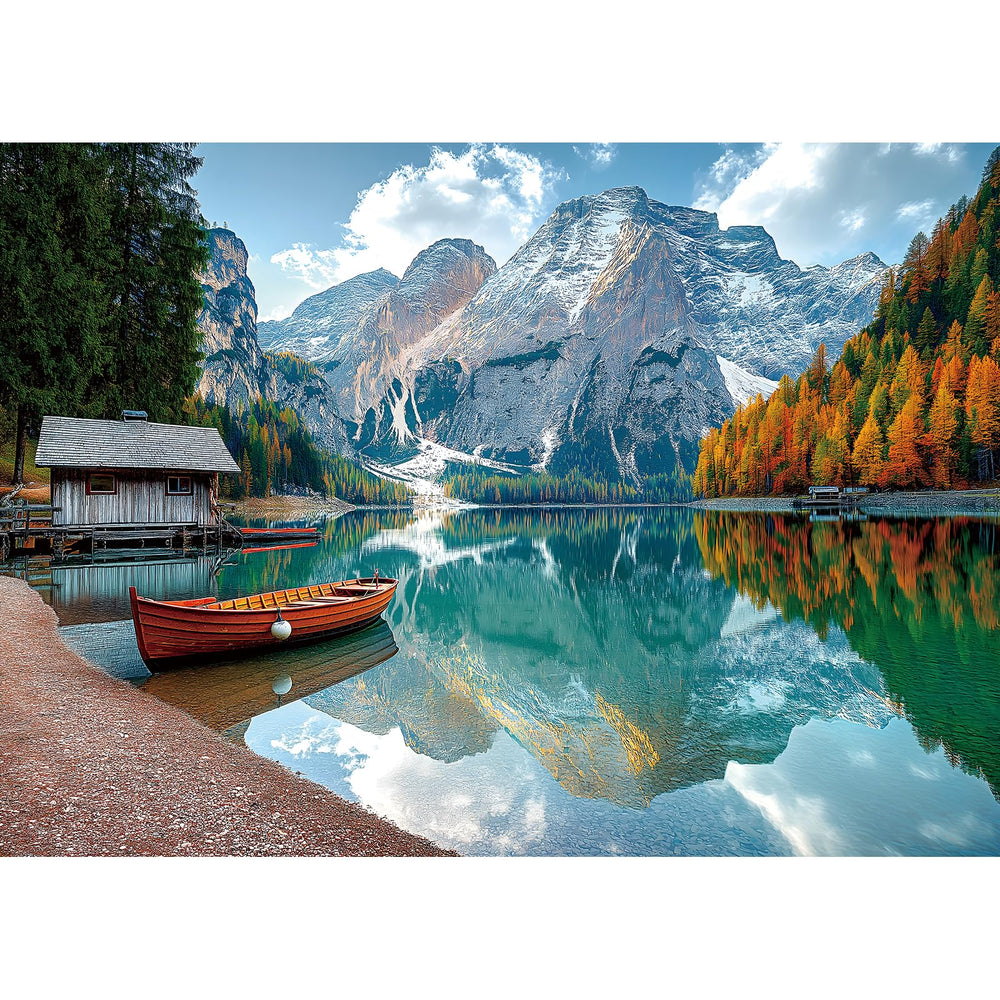 MINIWAN Braies Lake puzzle shows mountain reflections for a relaxing session.