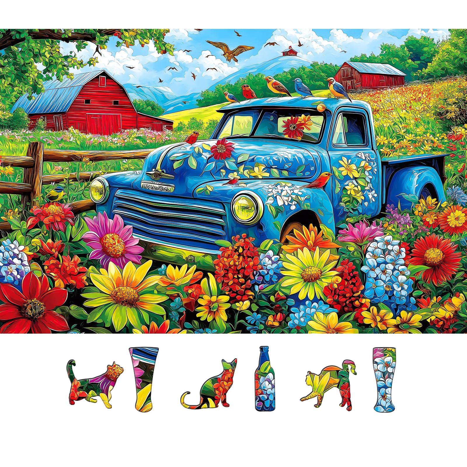 MINIWAN Songbirds on the Farm puzzle shows a sunlit truck among wildflowers, ideal for family time.