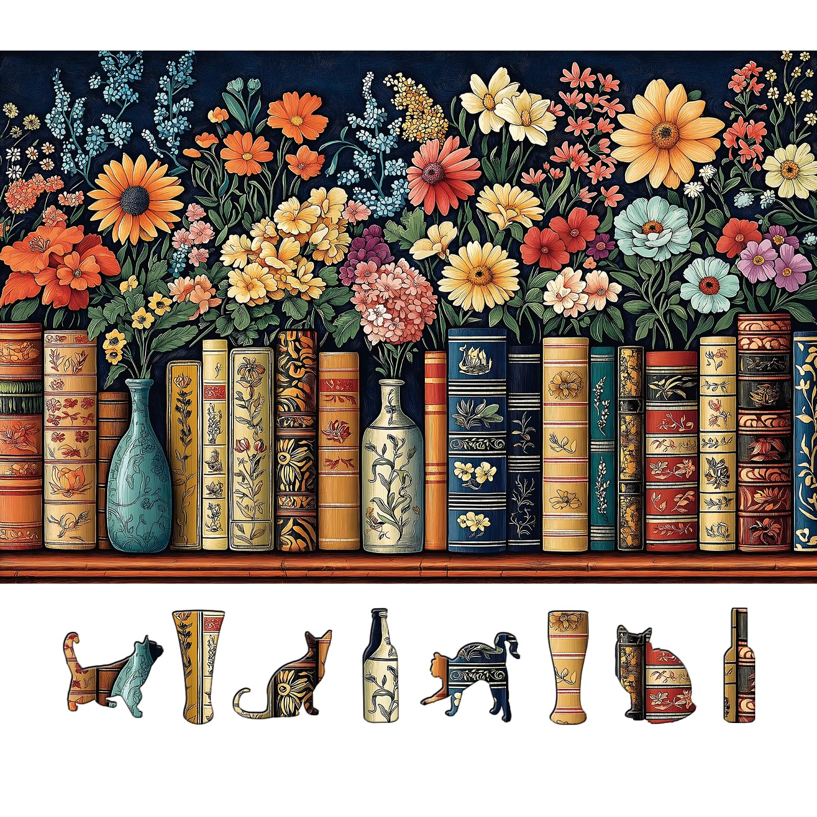 MINIWAN Vintage Books & Flowers puzzle shows ornate book spines with daisies for a relaxing evening