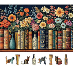 MINIWAN Vintage Books & Flowers puzzle shows ornate book spines with daisies for a relaxing evening