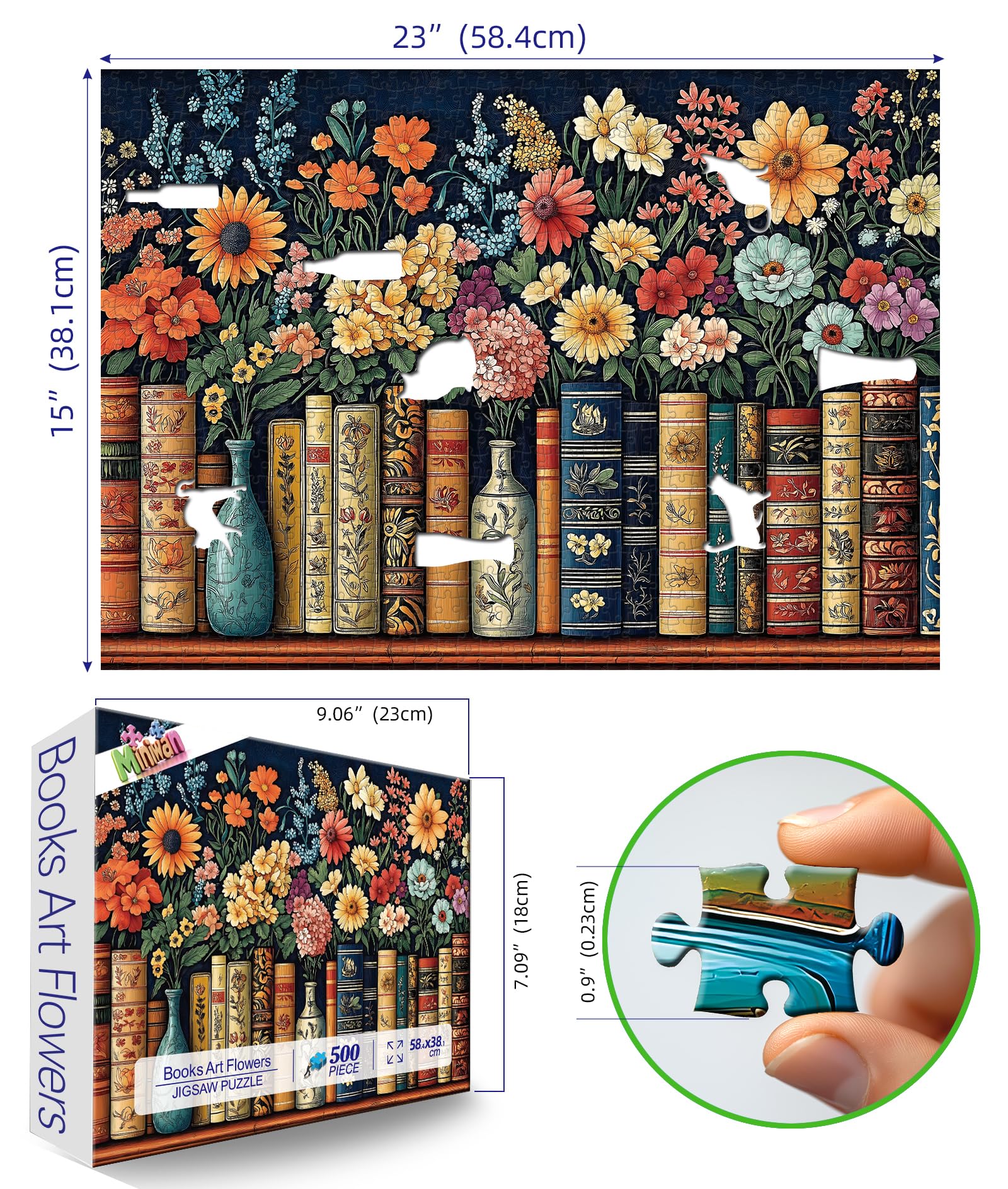 MINIWAN Vintage Books & Flowers puzzle features navy backdrop and colorful blooms for cozy decor