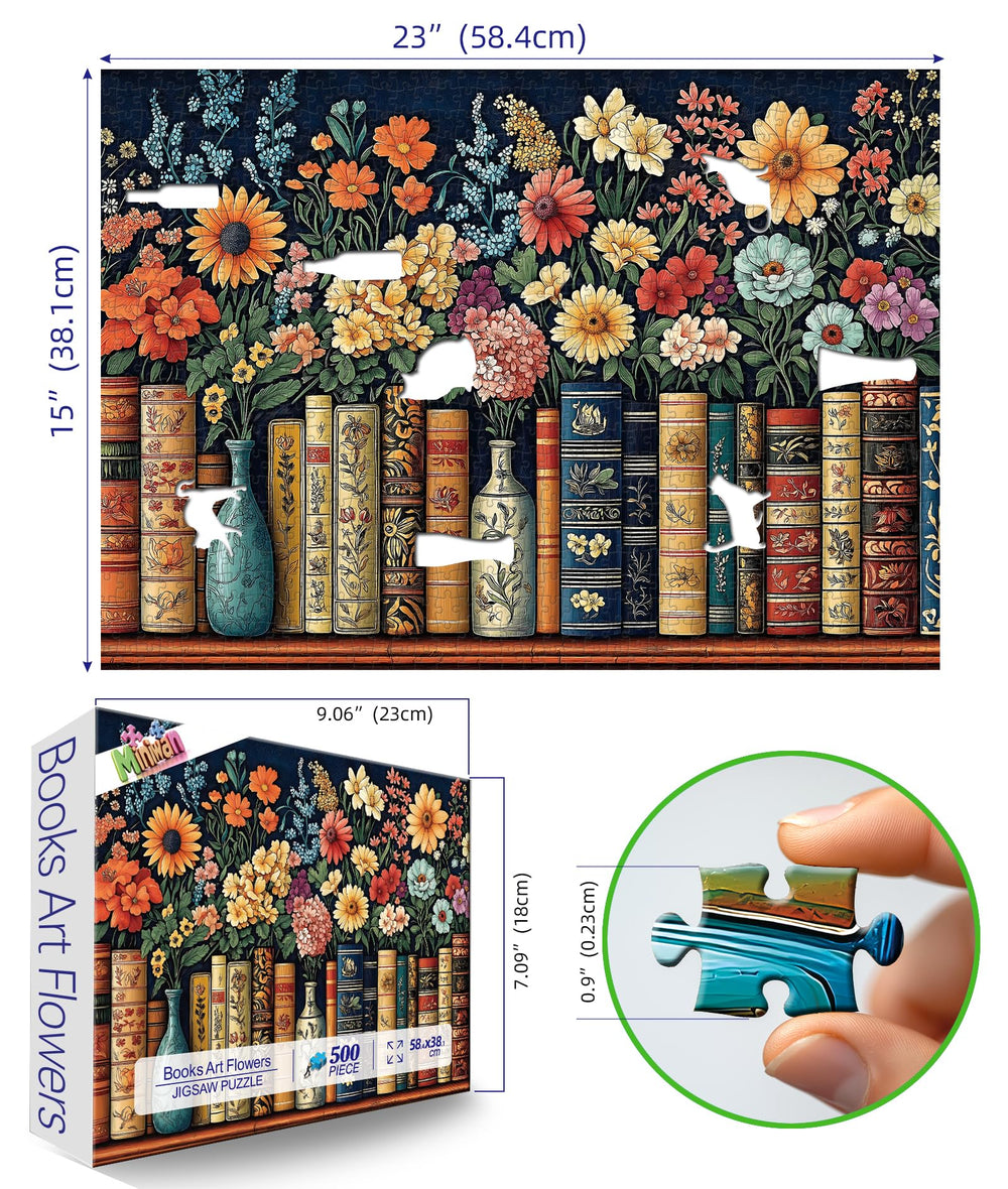 MINIWAN Vintage Books & Flowers puzzle features navy backdrop and colorful blooms for cozy decor