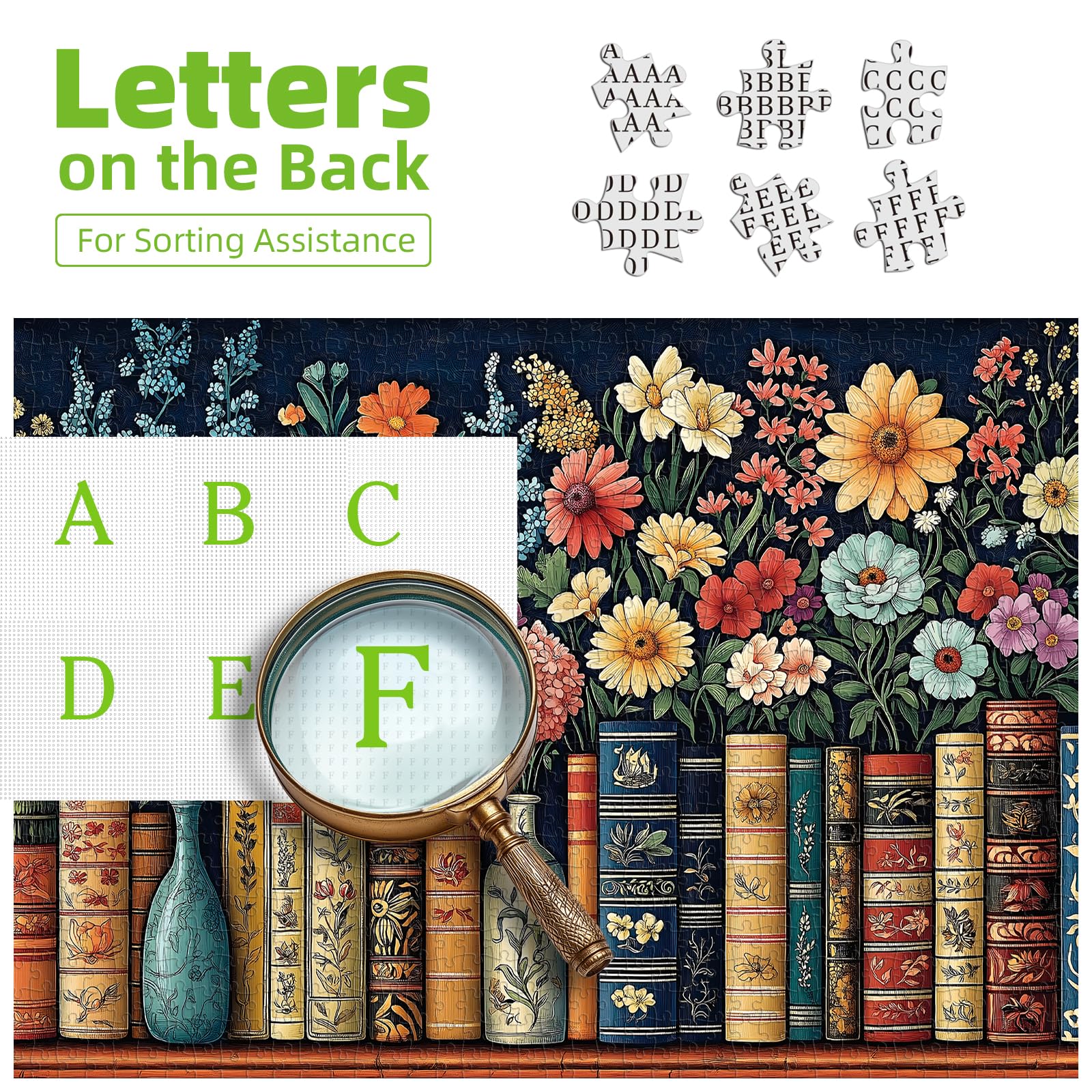 MINIWAN Library scene puzzle highlights decorative book spines and blooms inspiring calm focus