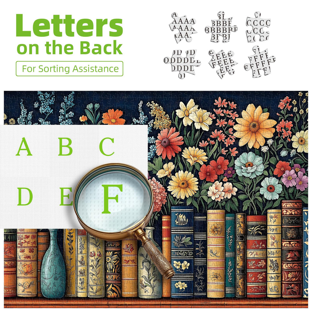 MINIWAN Library scene puzzle highlights decorative book spines and blooms inspiring calm focus