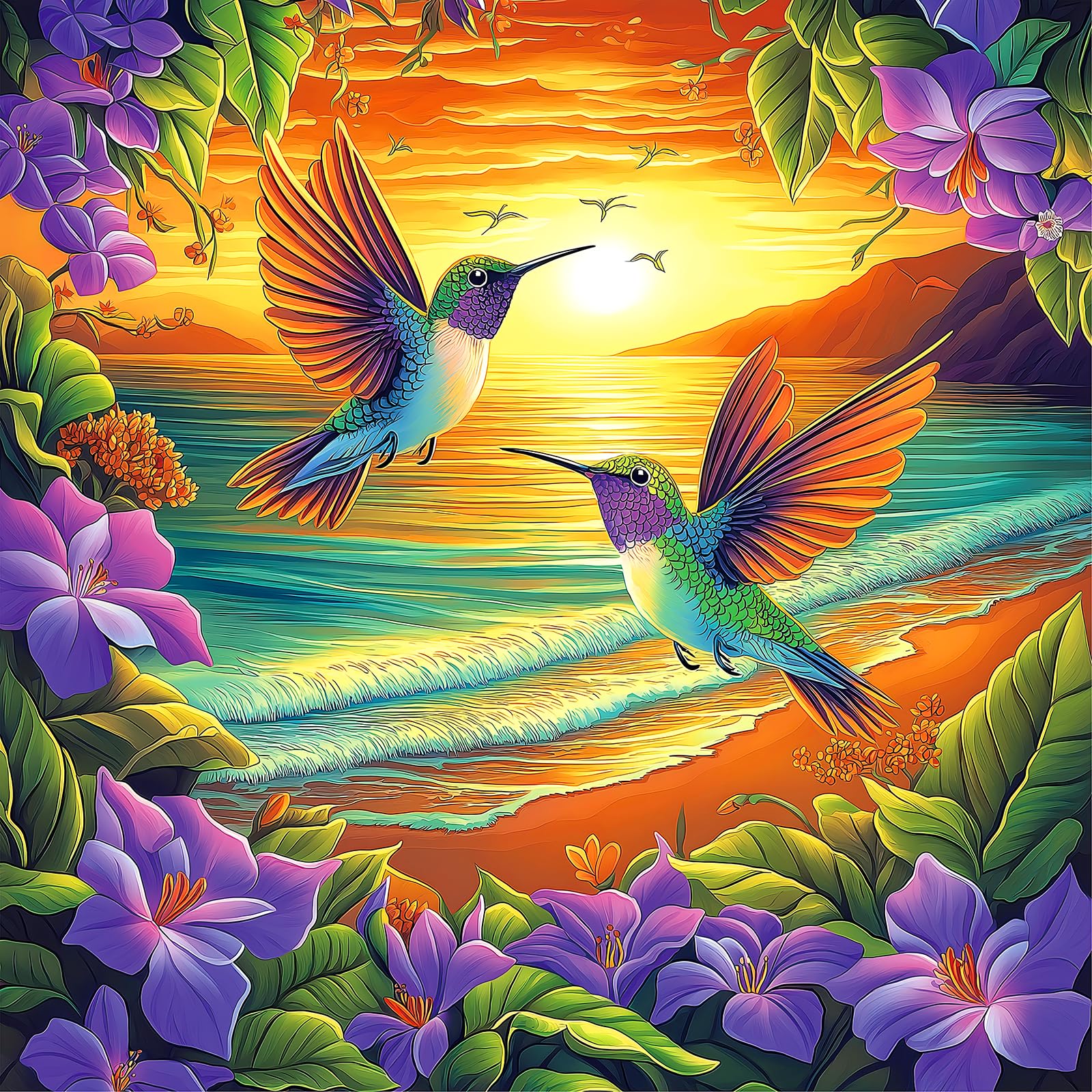 MINIWAN hummingbirds sunset puzzle cover shows tranquil coastal scene and vibrant colors.