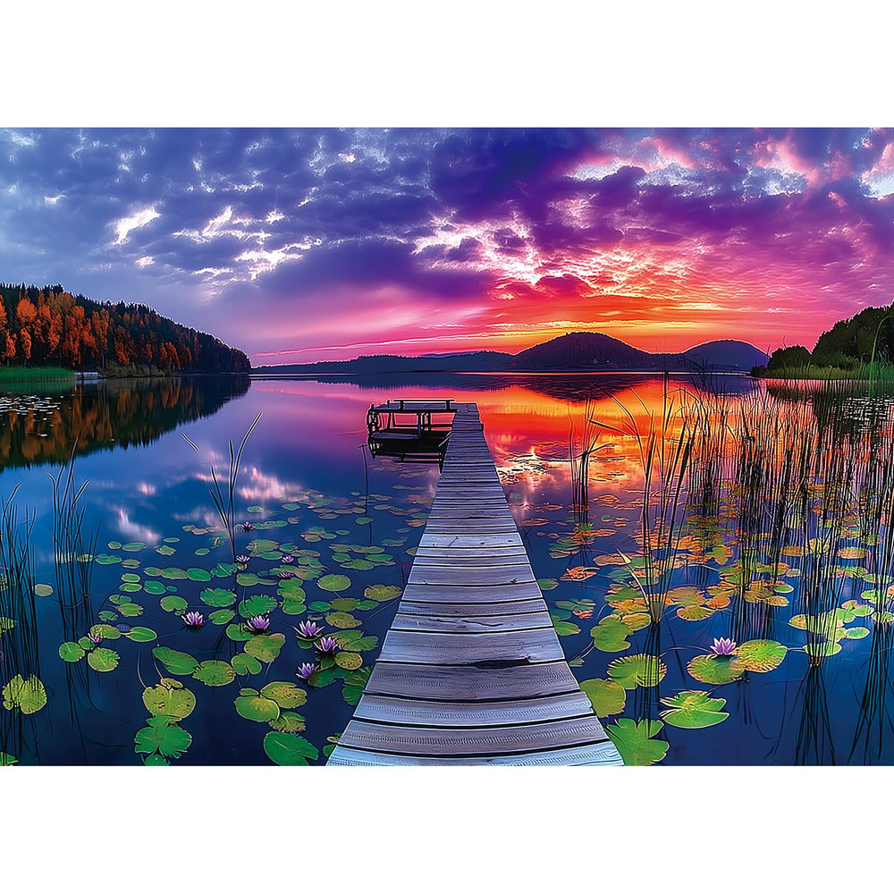 MINIWAN Sunset Lake Dock puzzle showing a tranquil sunset lake dock scene for relaxing evenings.
