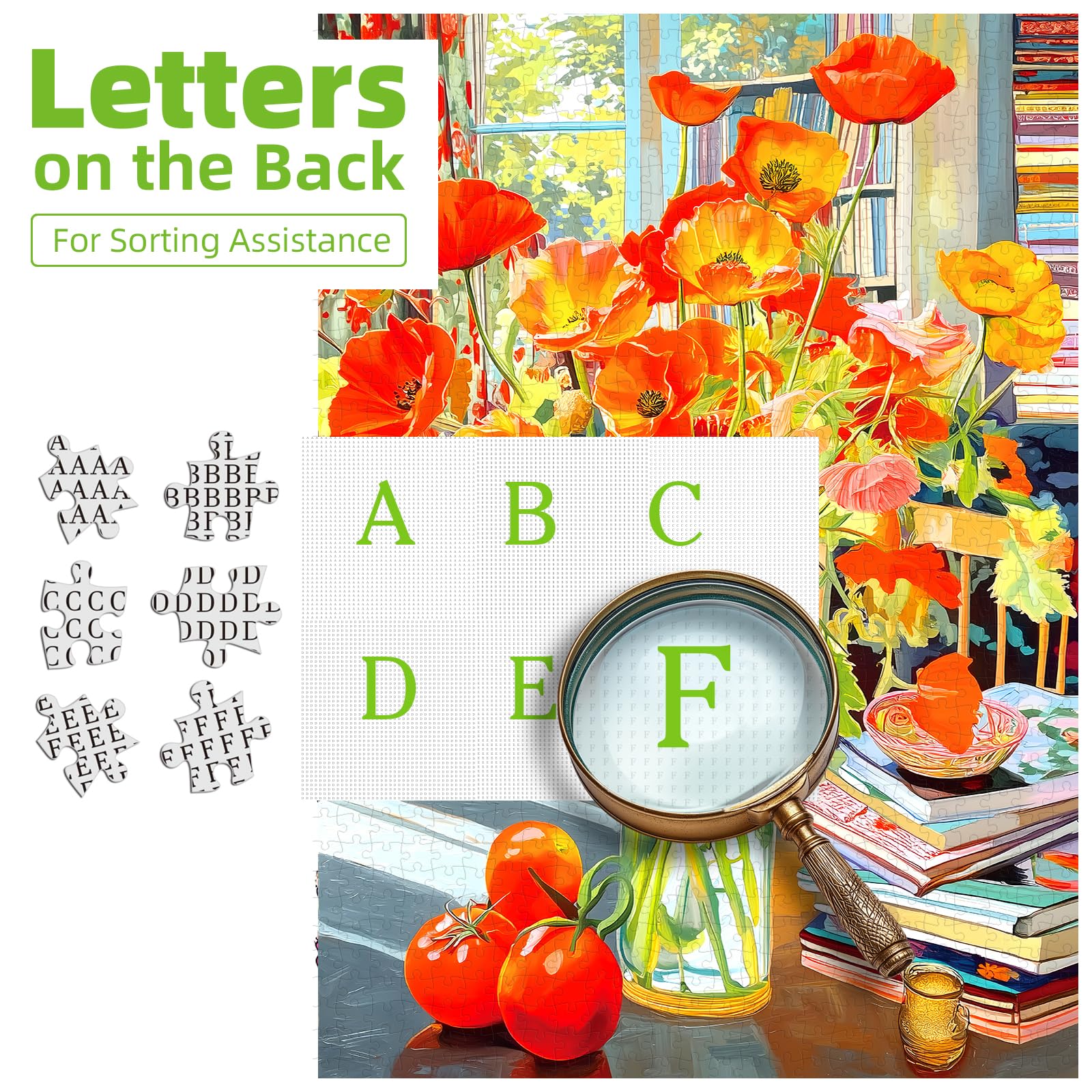 MINIWAN back sorting letters A-F on the puzzle back aid easier solving