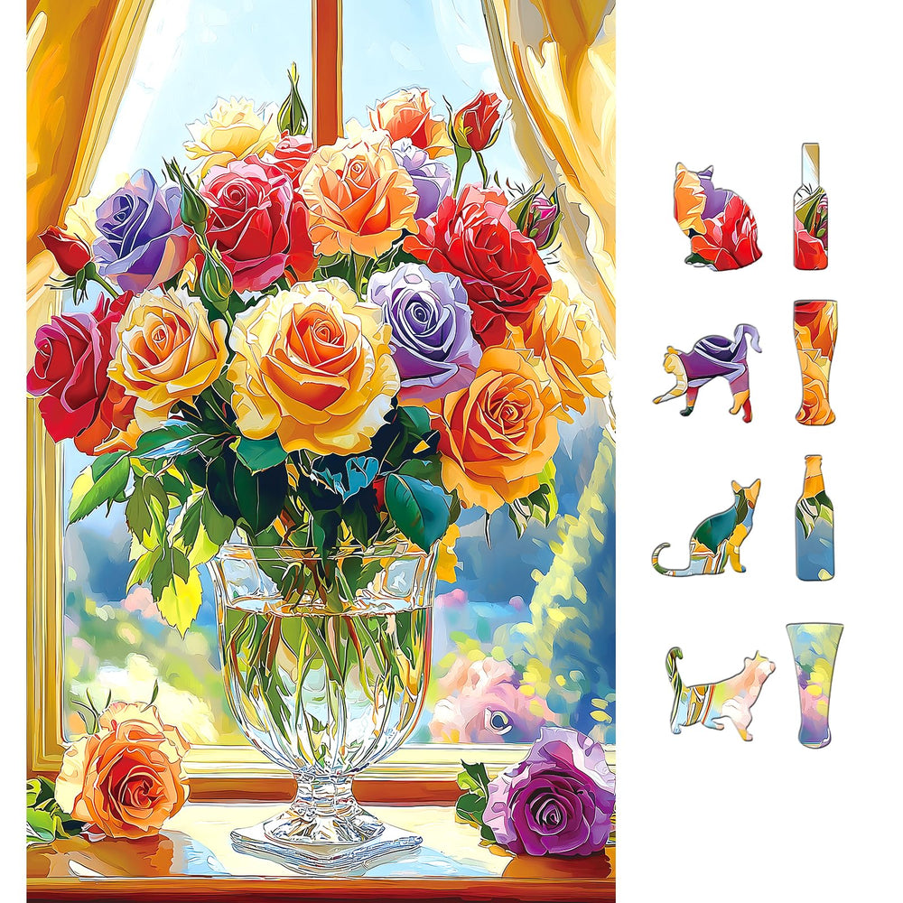 MINIWAN puzzle of colorful roses in a glass vase, ideal for mindful evenings