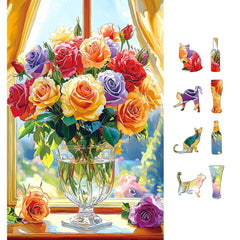 MINIWAN puzzle of colorful roses in a glass vase, ideal for mindful evenings