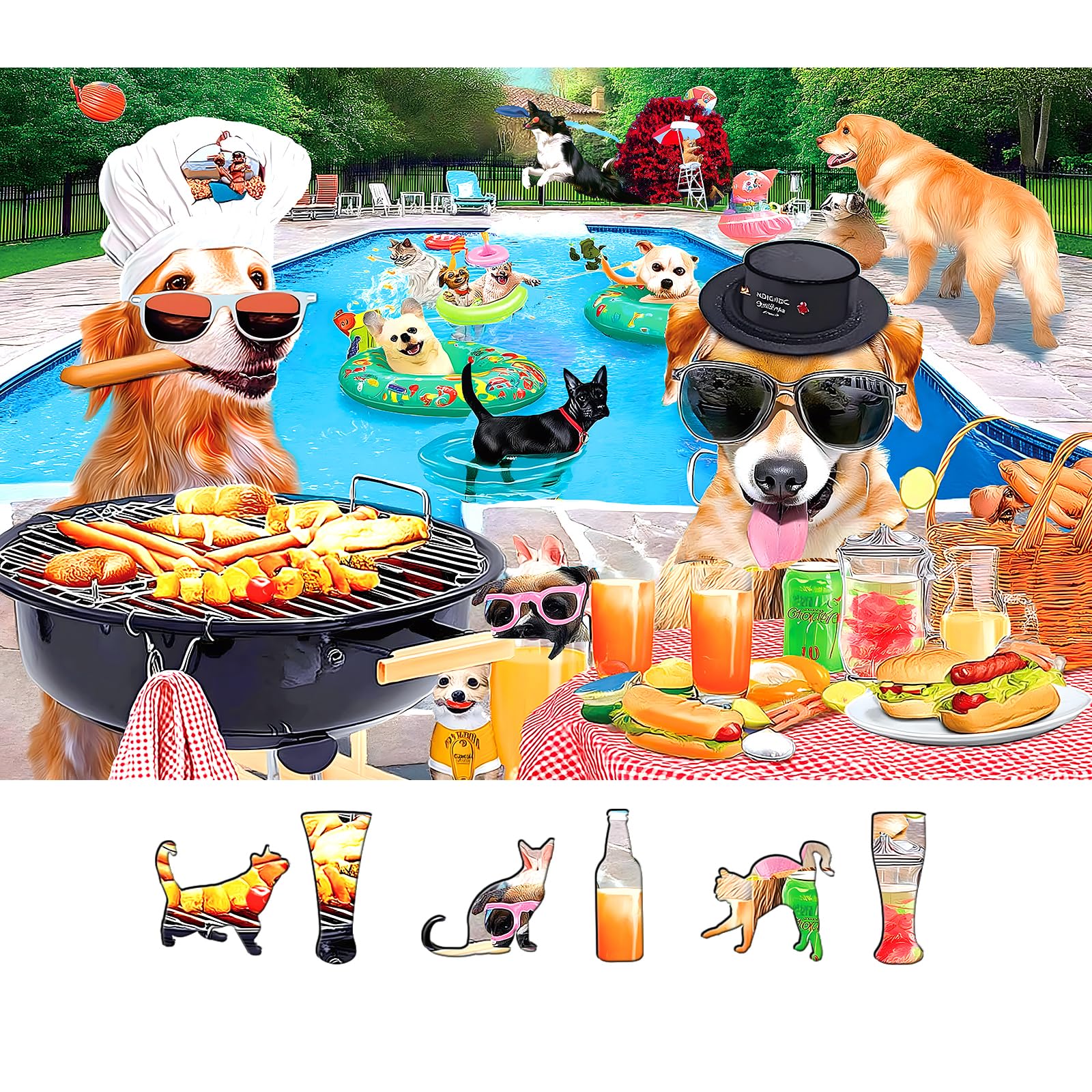 MINIWAN dog-pool-party 500-piece puzzle; sunny dogs offer family relaxation.