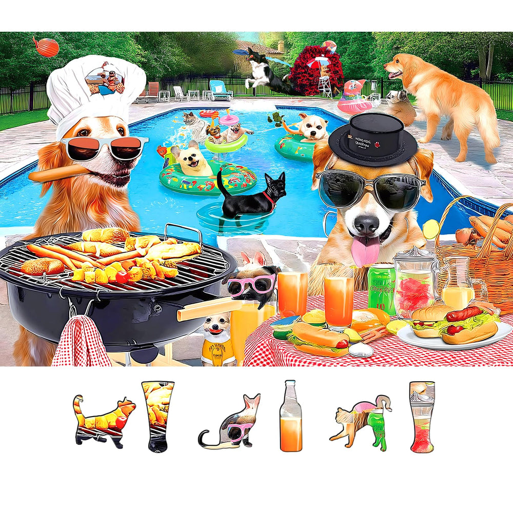 MINIWAN dog-pool-party 500-piece puzzle; sunny dogs offer family relaxation.