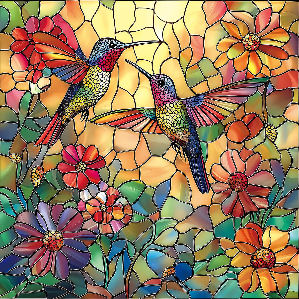 MINIWAN hummingbird flower puzzle shows a vibrant stained-glass scene for calm, focused downtime