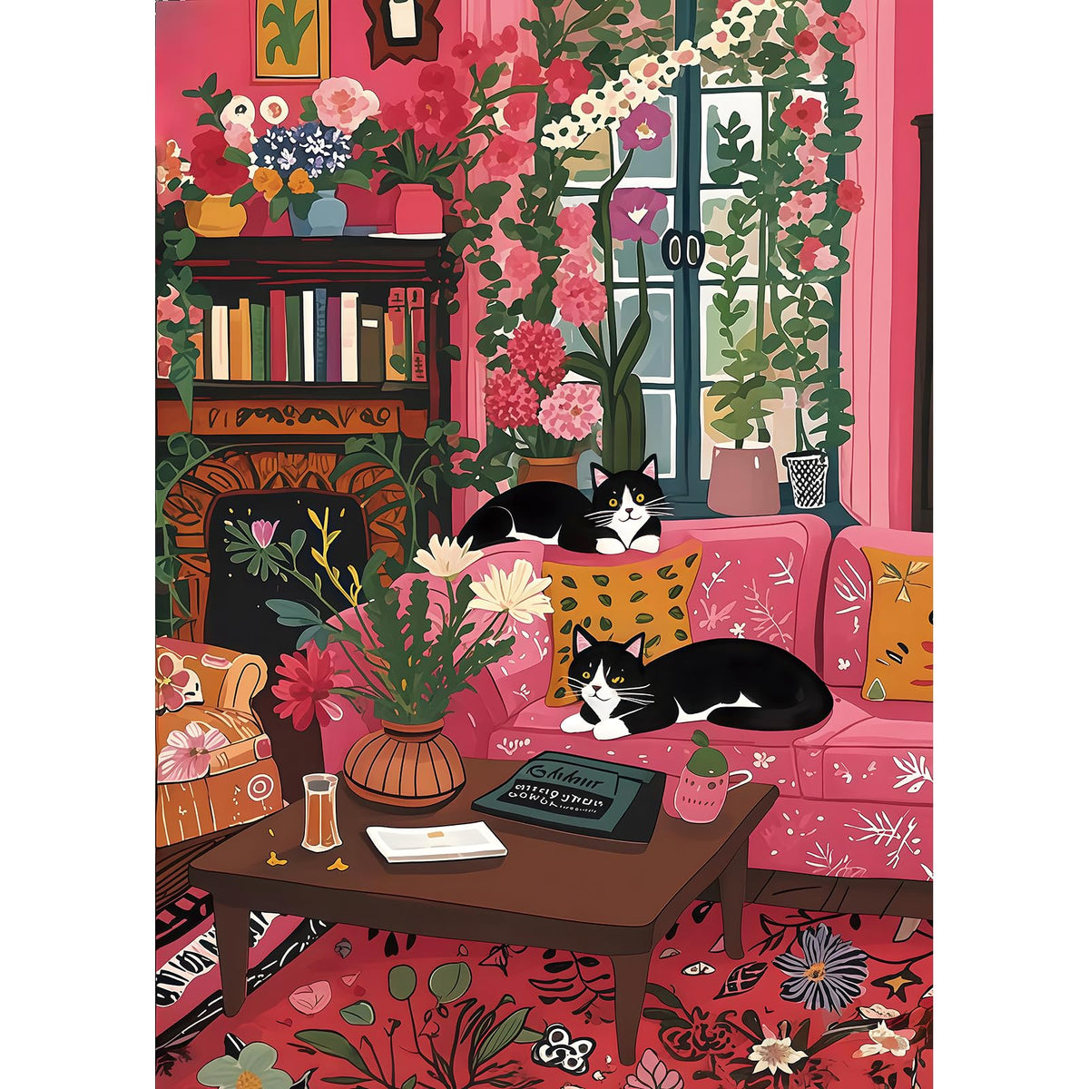 MINIWAN Spring Cozy Room Cat puzzle with black-and-white cats on a pink sofa, ideal for relaxed evenings