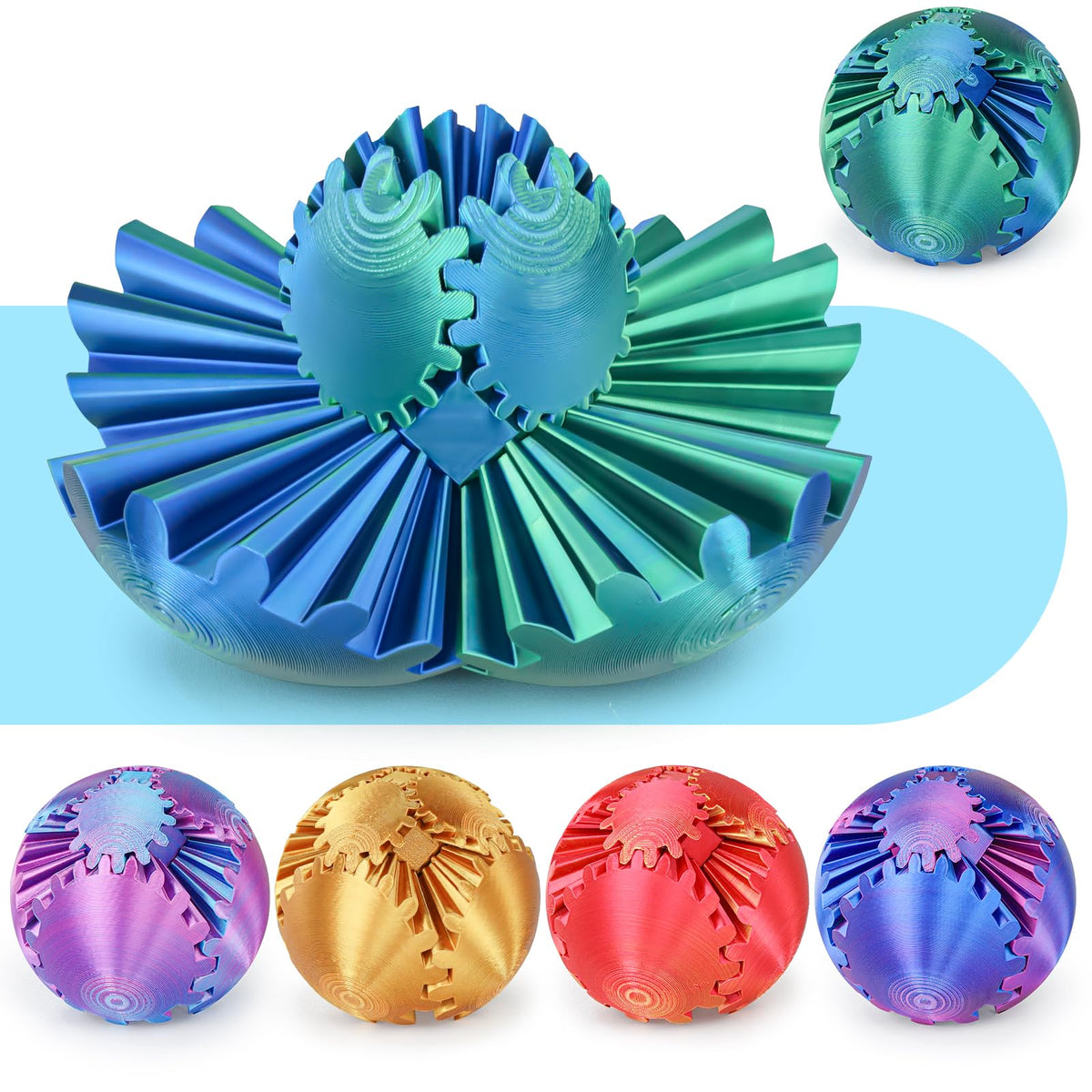 Minleway Gear Ball blue-green 3D printed cube fidget for tactile focus