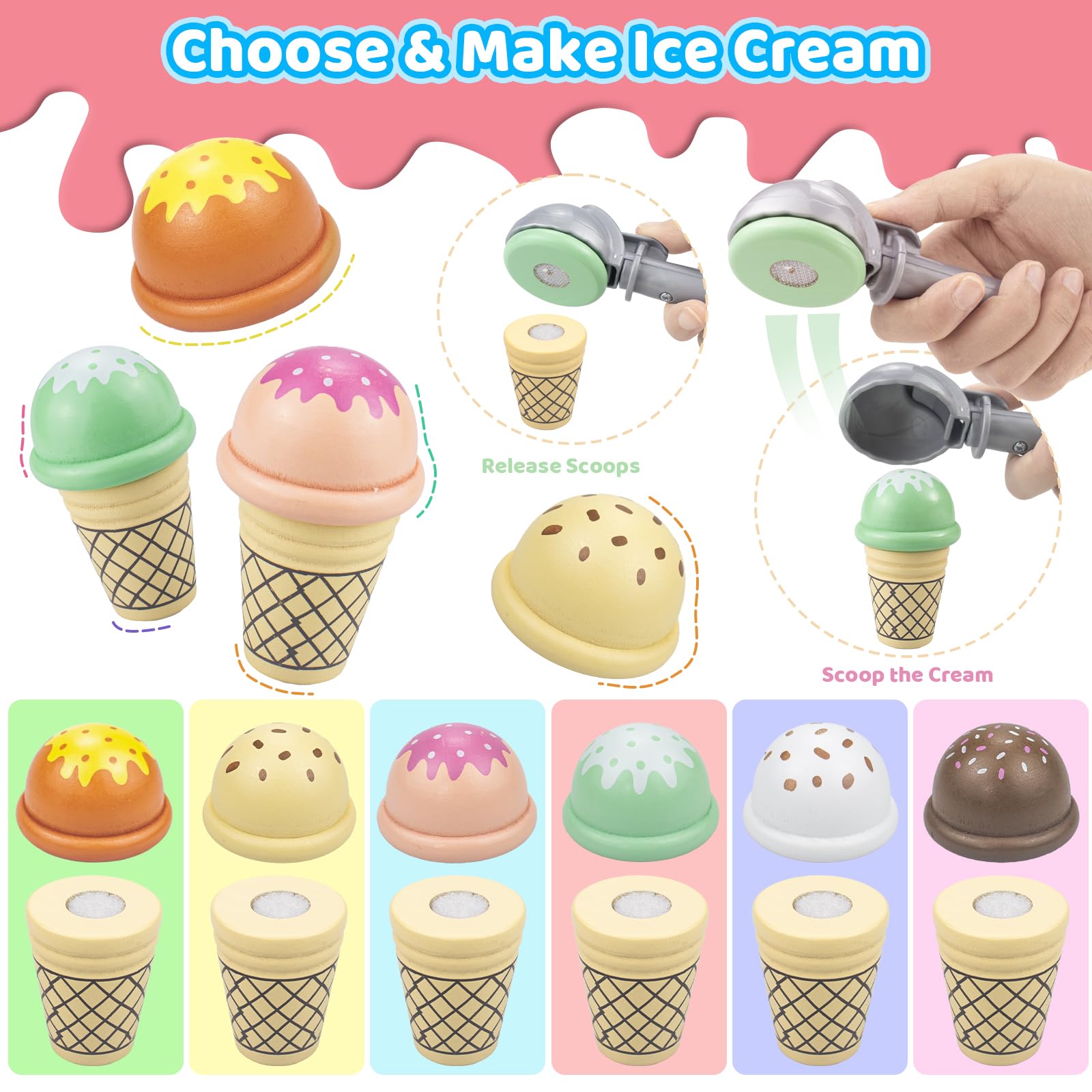Minnot wooden ice cream scoops promote precise scooping and fine motor practice