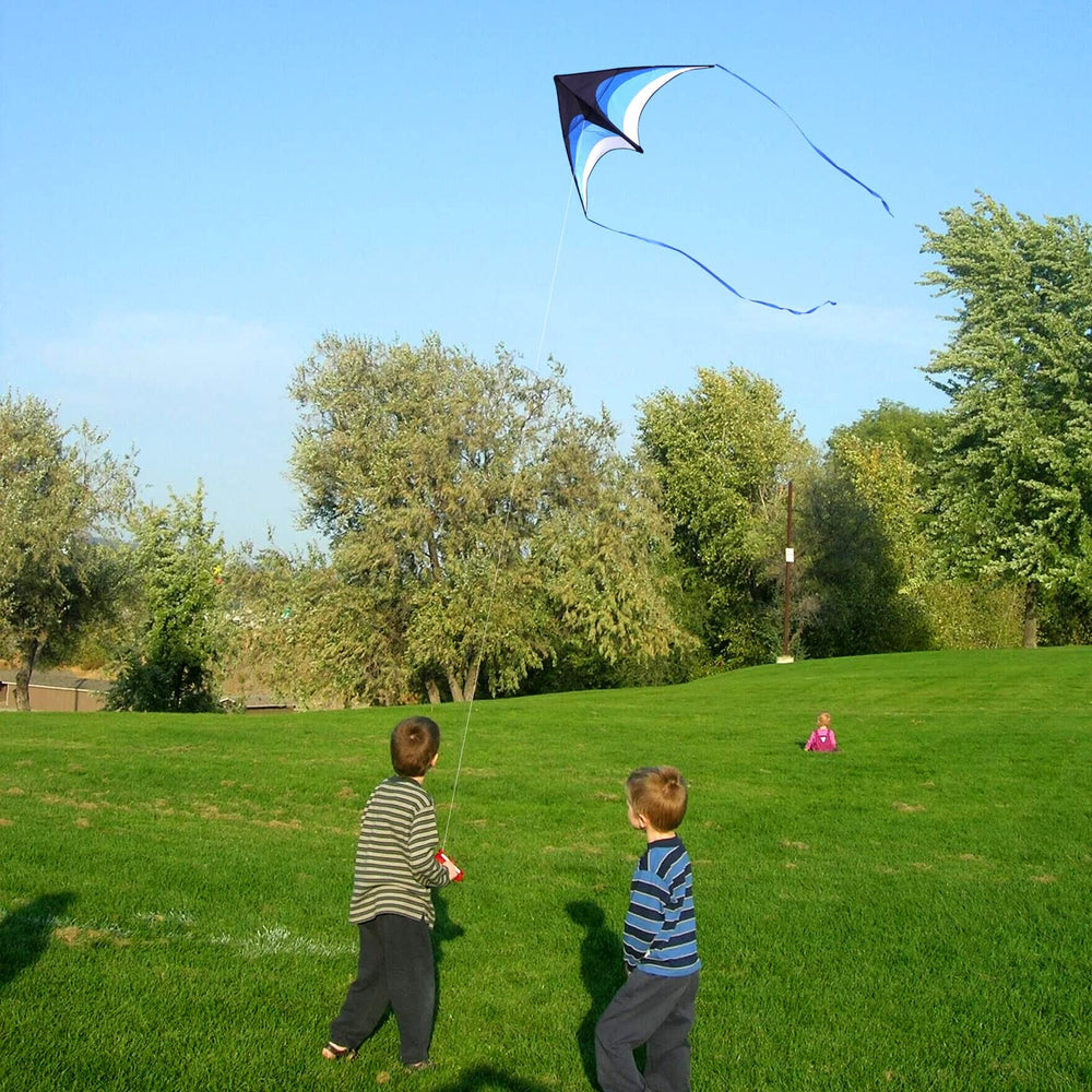 Ready-to-fly Delta Kite with ribbons and simple setup for quick outdoor fun.