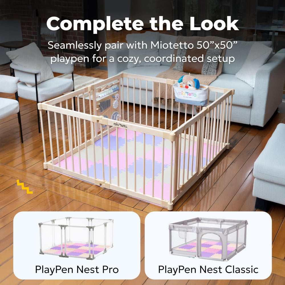 MioTetto mat adapts to 50x50 playpens for a snug, protected area.