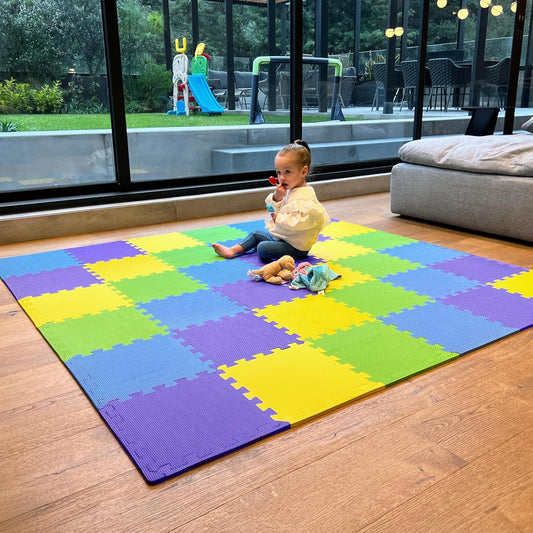 MioTetto baby play mat tiles show a soft, safe surface for crawling.