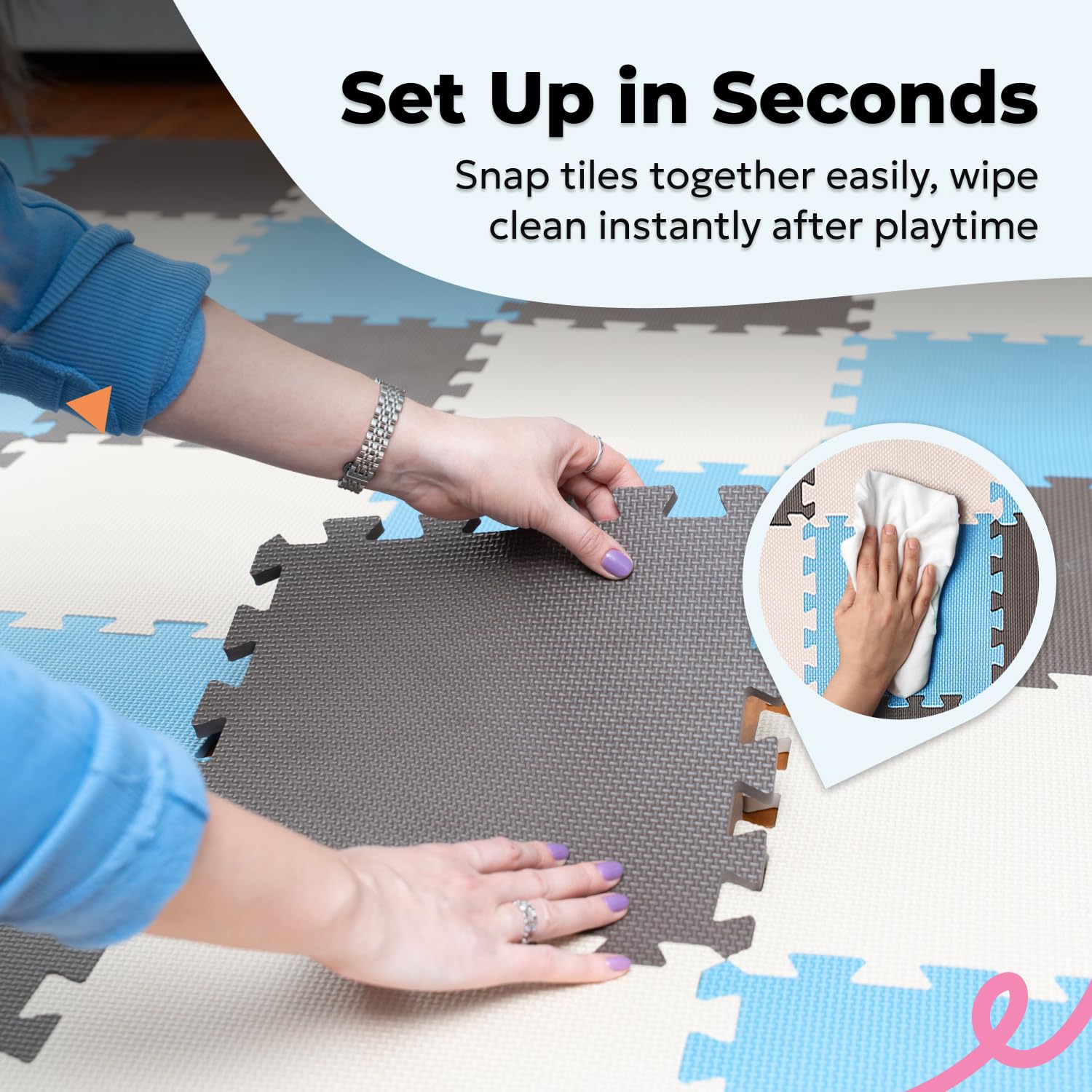 MioTetto easy-clean play mat helps maintain a tidy play space daily.