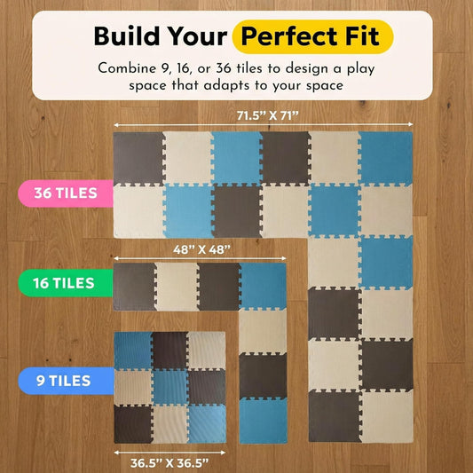 MioTetto puzzle playmat foam tiles create a soft surface for crawling and floor play.
