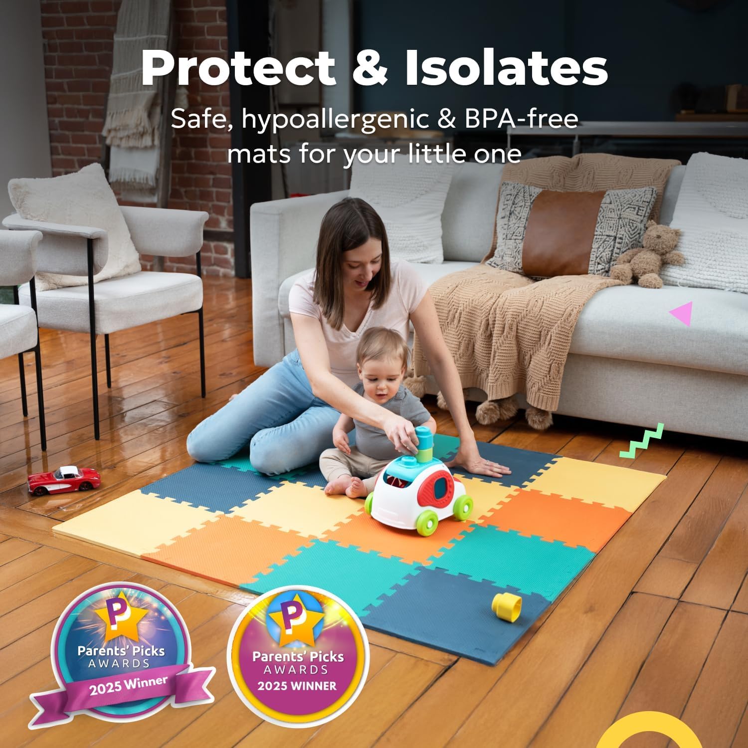 MioTetto soft foam tiles provide a cushioned, wipe-clean surface.