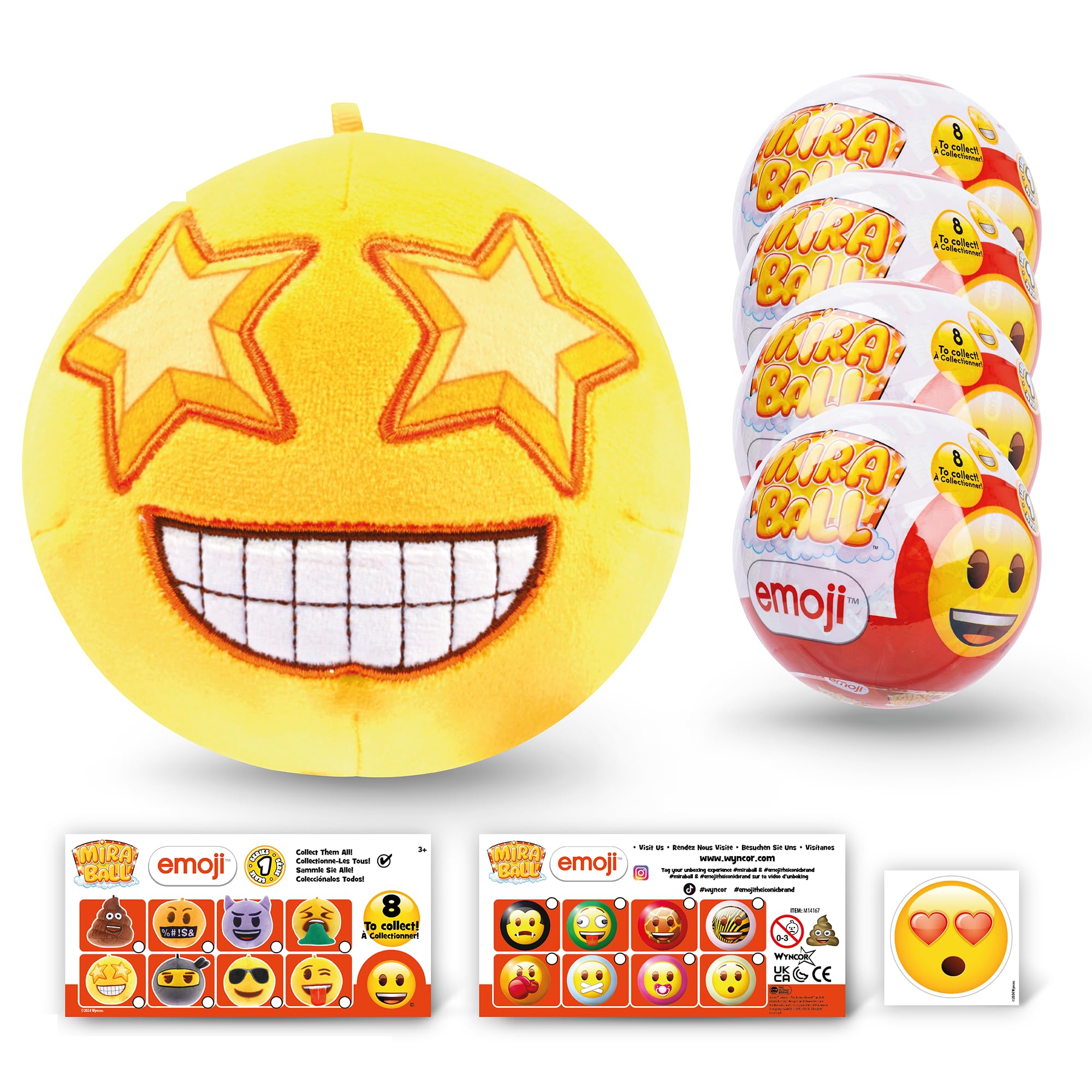 MiraBall emoji plush mystery box opens to reveal a collectible character and stickers for play and display.