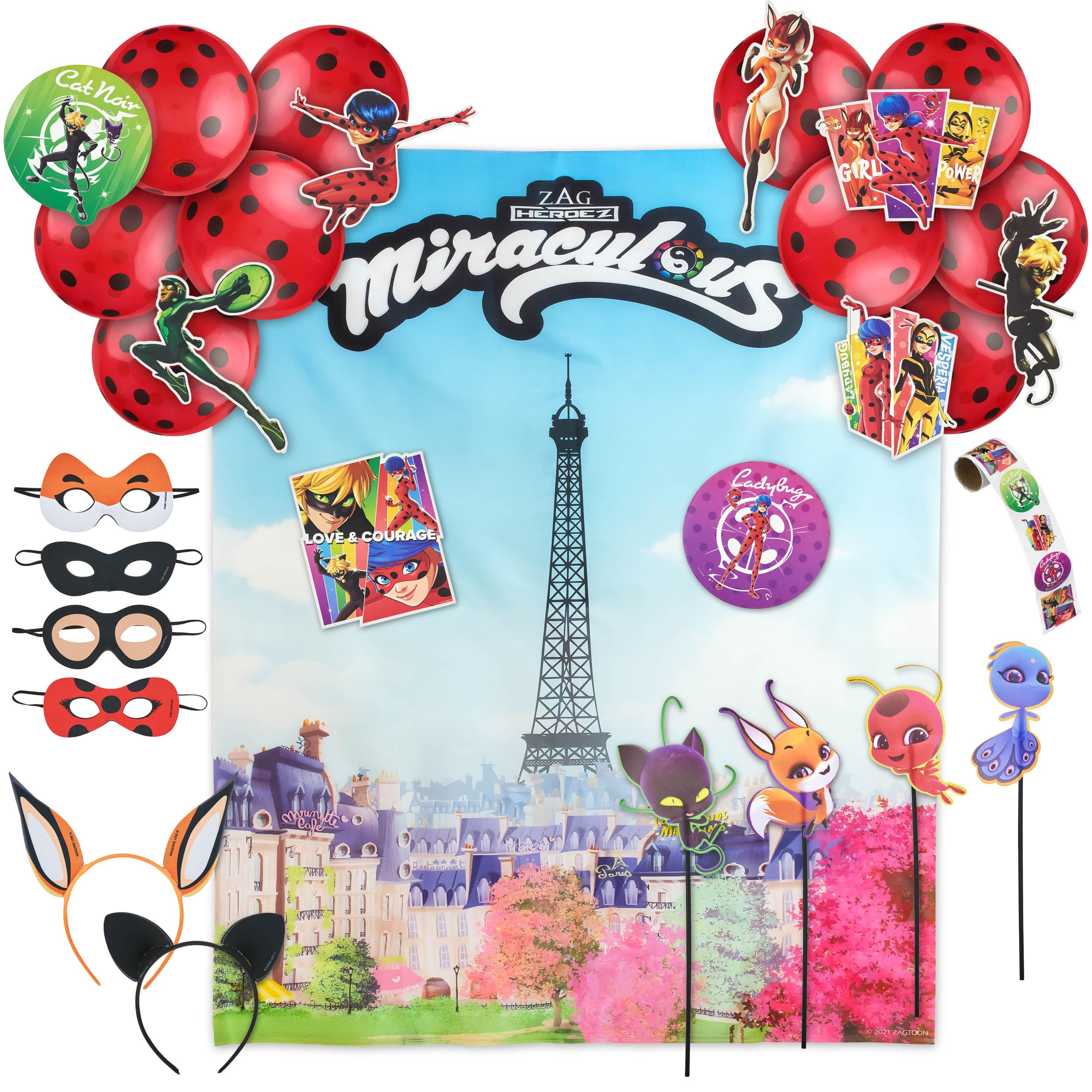 Miraculous Ladybug backdrop banner with Paris scene, ideal for festive photos and party setup