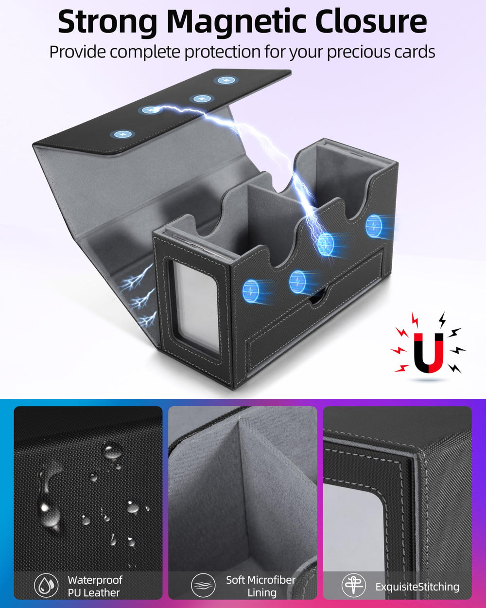 Miroddi deck box capacity highlights room for 400 sleeveless or 250 single-sleeved cards.