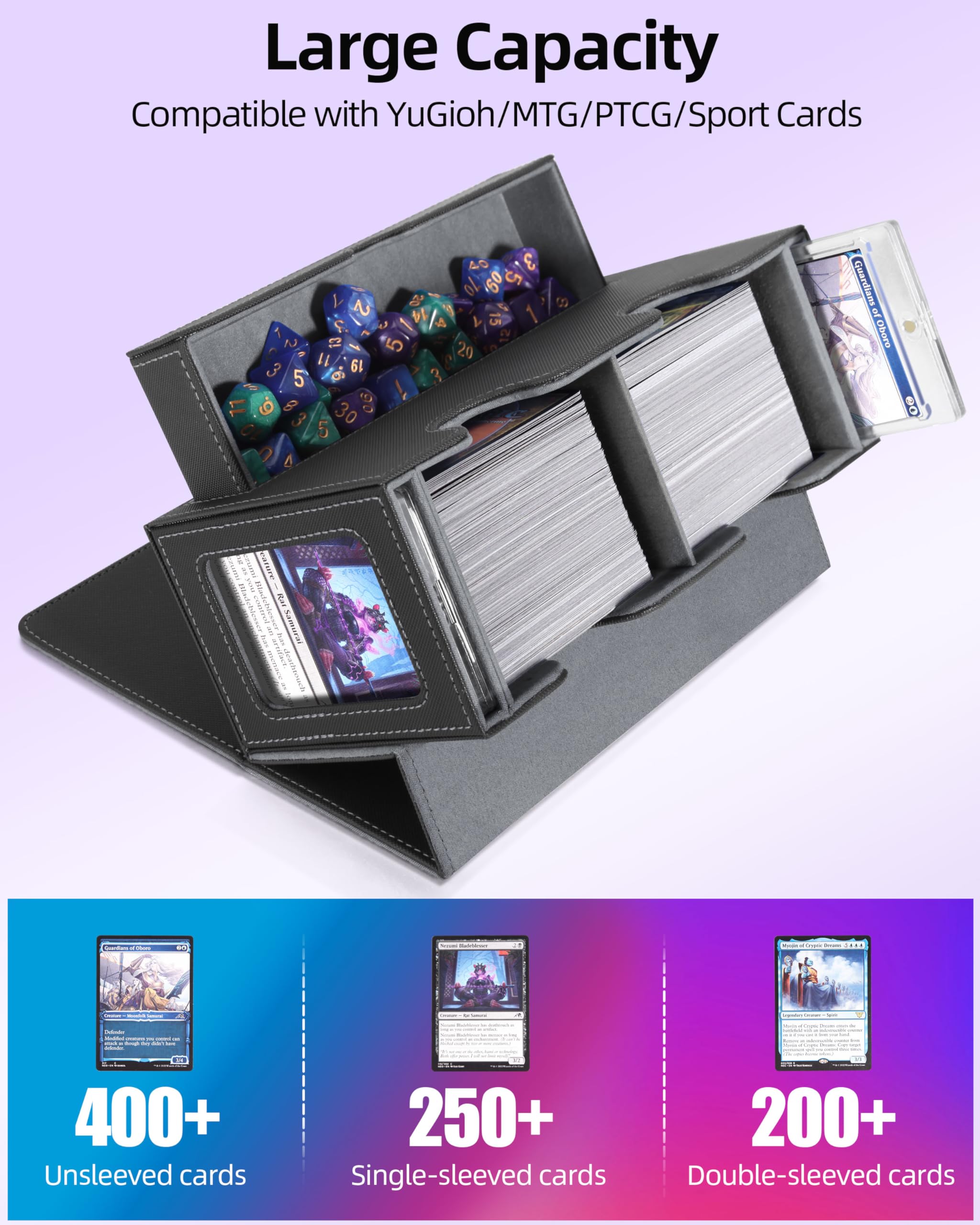 Miroddi deck box with magnetic closure secures contents during transport.
