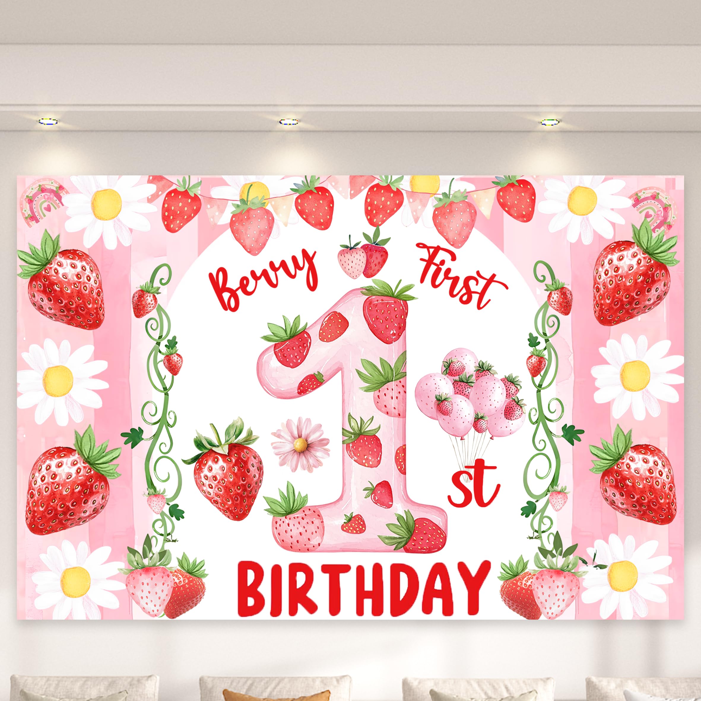 Miruwtog berry first birthday banner closeup highlighting bright strawberry daisies for festive celebrations