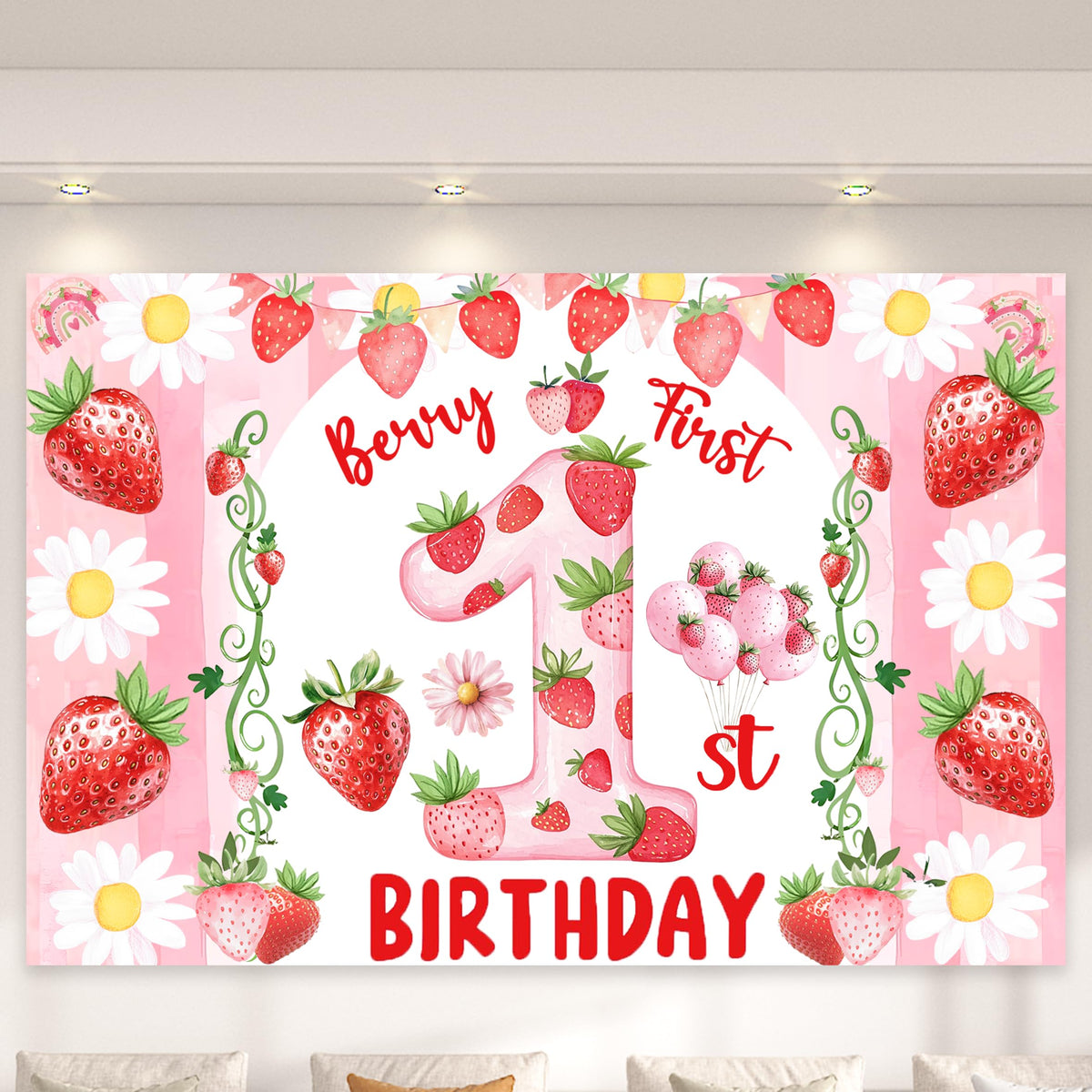 Miruwtog berry first birthday banner closeup highlighting bright strawberry daisies for festive celebrations