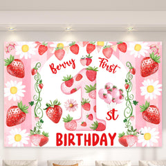 Miruwtog berry first birthday banner closeup highlighting bright strawberry daisies for festive celebrations