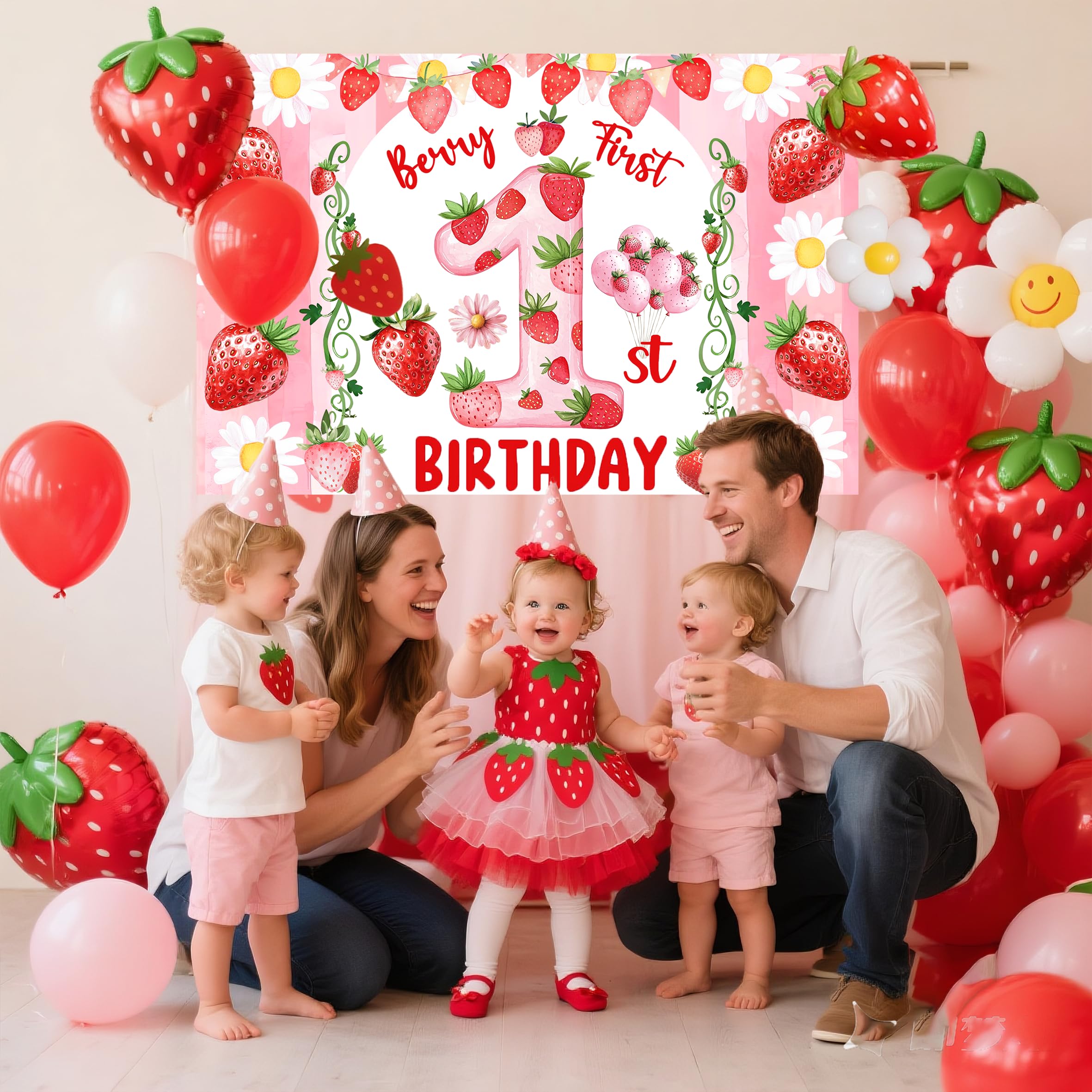 Miruwtog first birthday background with strawberry-daisy design enhances joyful baby shower decor