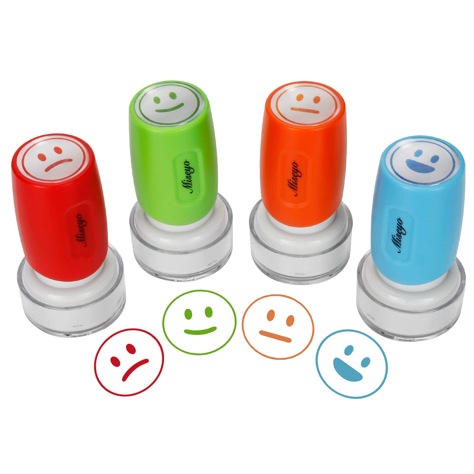 Miseyo Pre-Ink Teacher Stamp Set closeup showing four mood stamps for classroom feedback