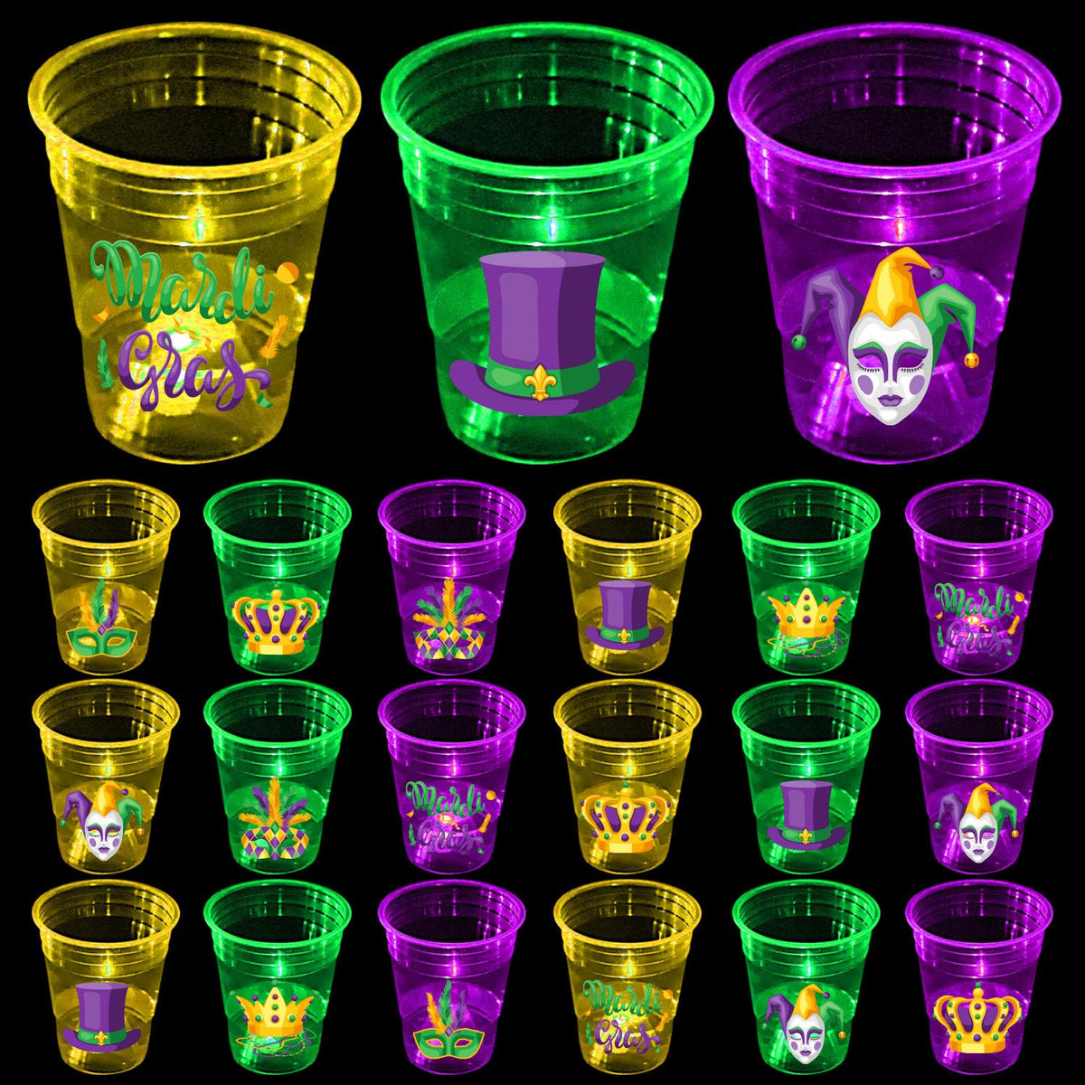 Mishunyus Mardi Gras glow cups 24-pack in purple, green, and yellow on a party table