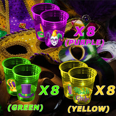 Waterproof stickers embellish the glow cups for durable Mardi Gras decor