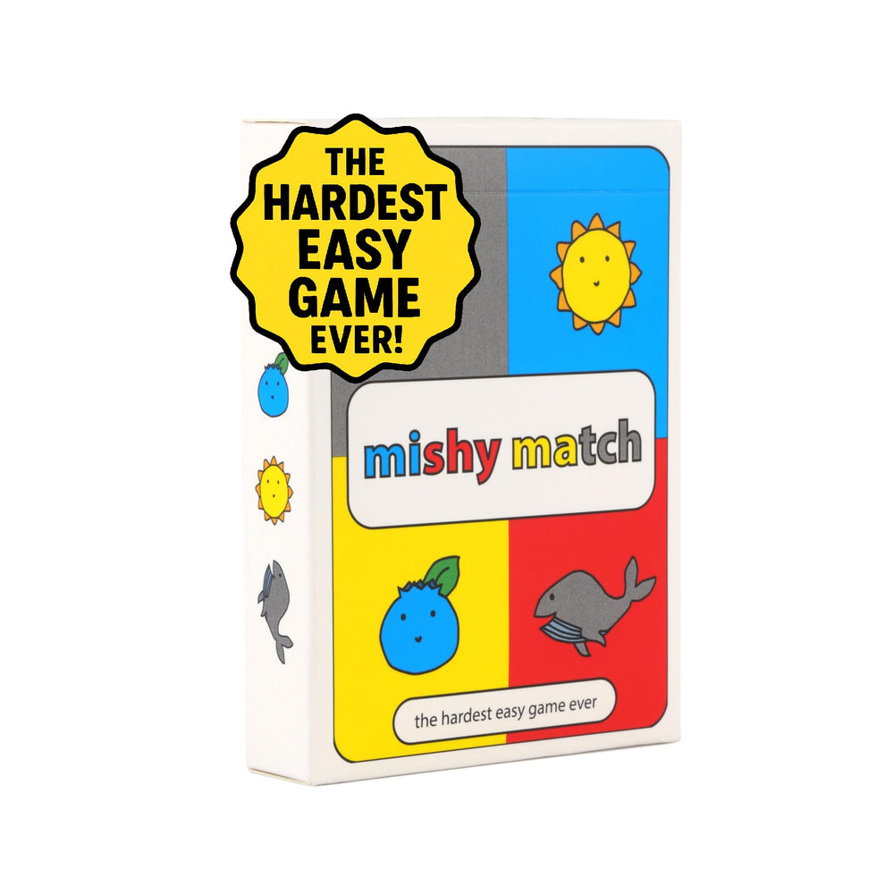 Mishy Match card pile on table sparks fast, funny rounds for adults and teens.