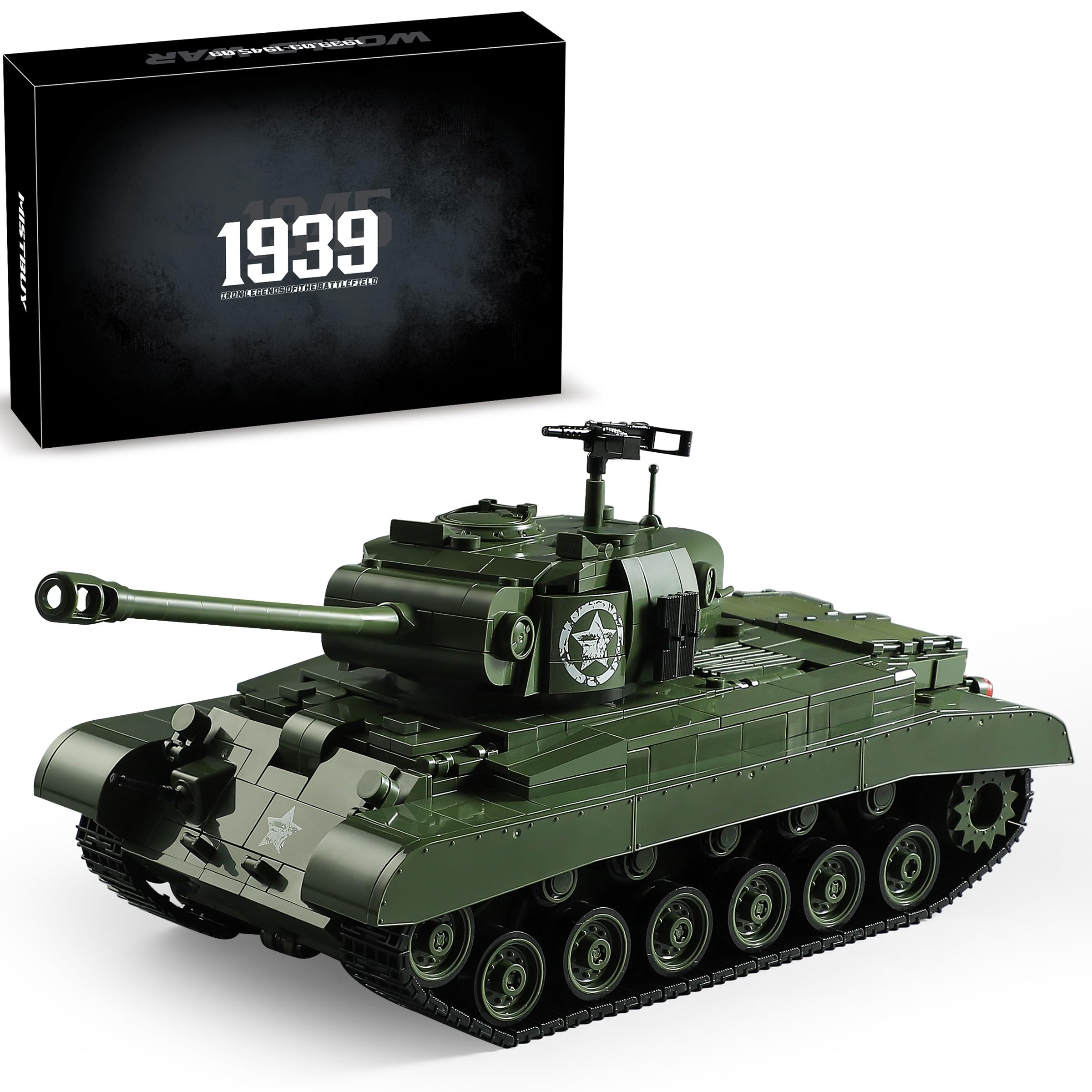 Mistbuy 1703-piece WW2 tank front view for display and collection.