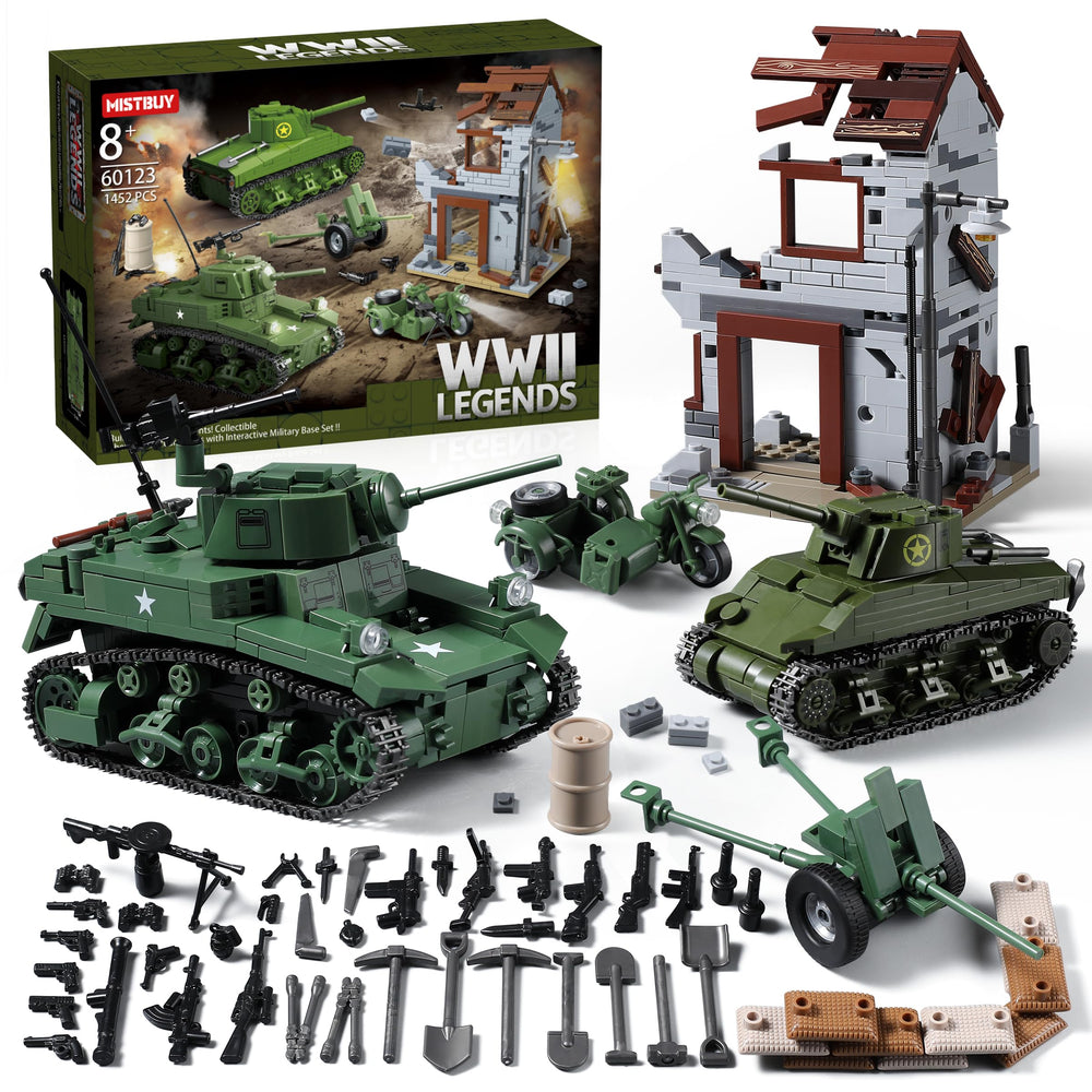 MISTBUY WW2 Army Tank Building Set: Sherman tank scene for immersive historic play and display.