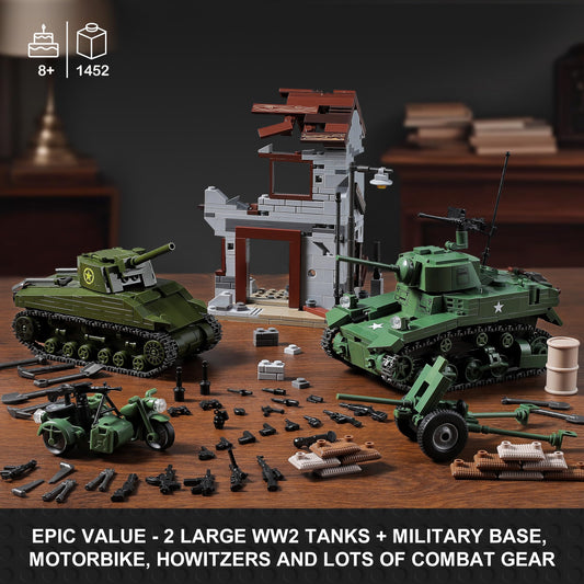 MISTBUY WW2 Army Tank Building Set: Stuart tank in dynamic battle-ready pose.