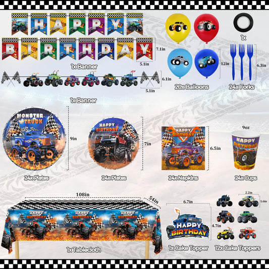 Miucat happy birthday banner with monster truck theme enhances decor and photos.