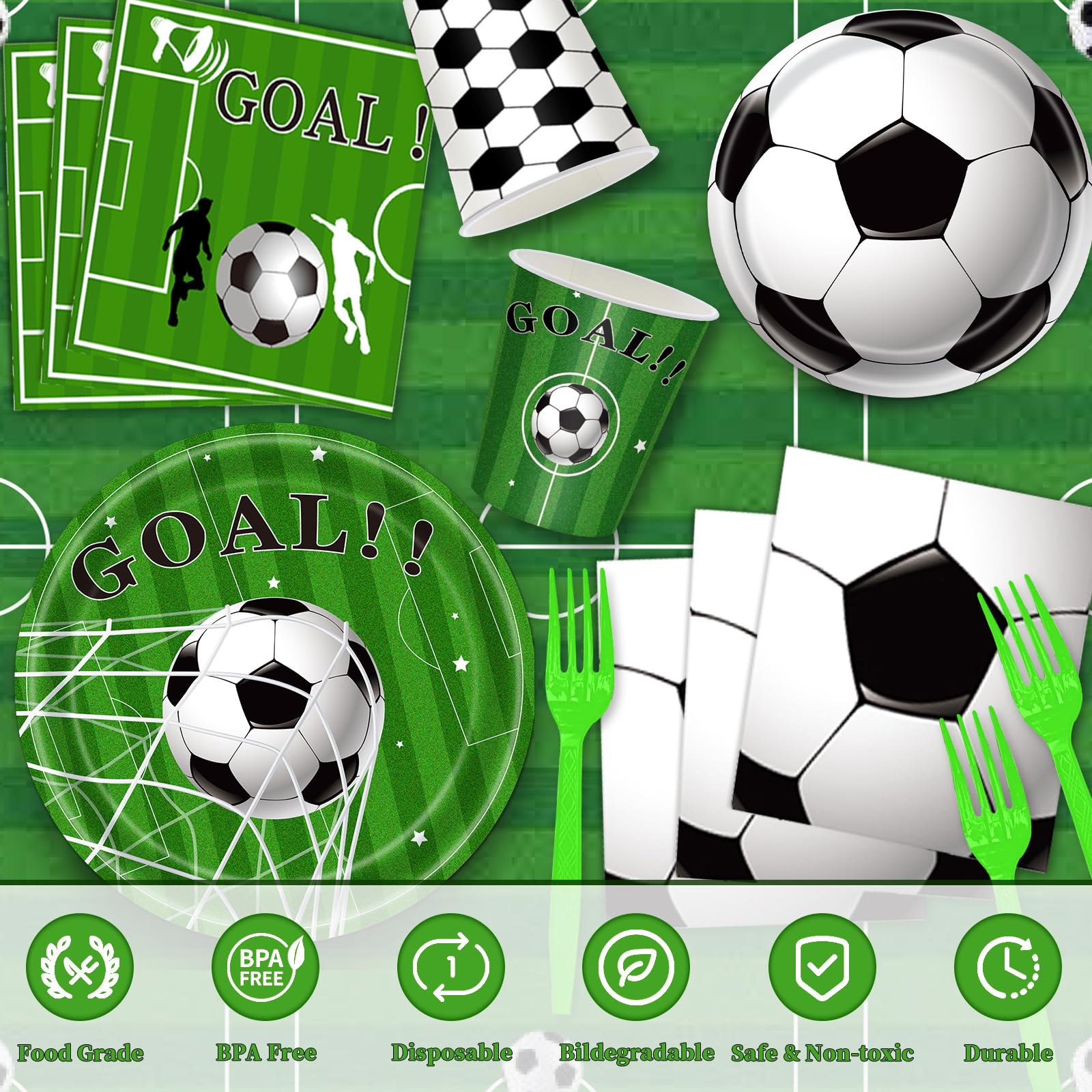 Miucat soccer design with green grass background adds authentic sports vibe to table settings.