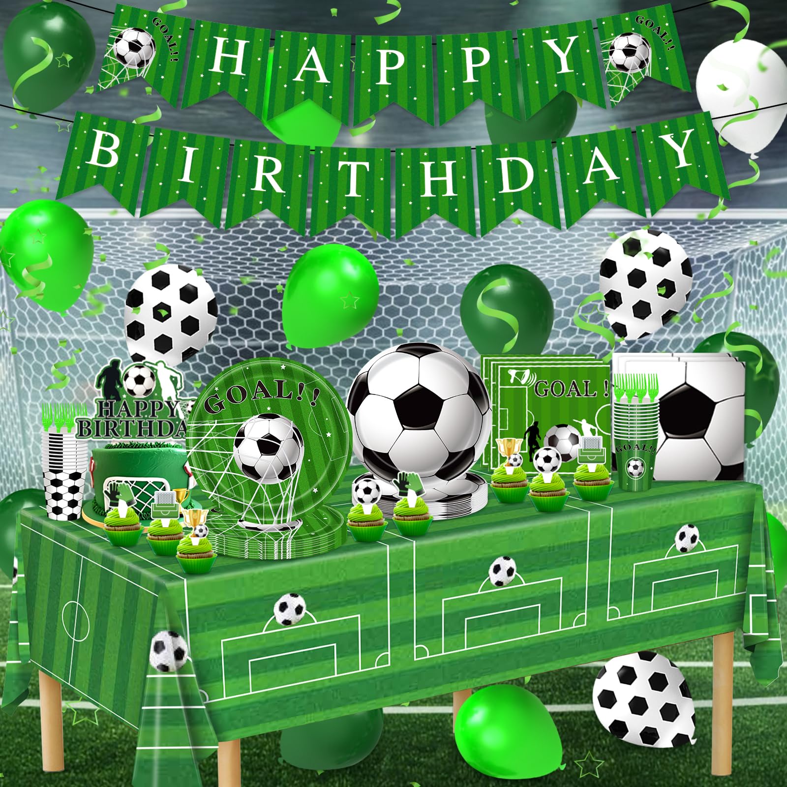 Miucat soccer party balloons provide decorative accents for a lively celebration.