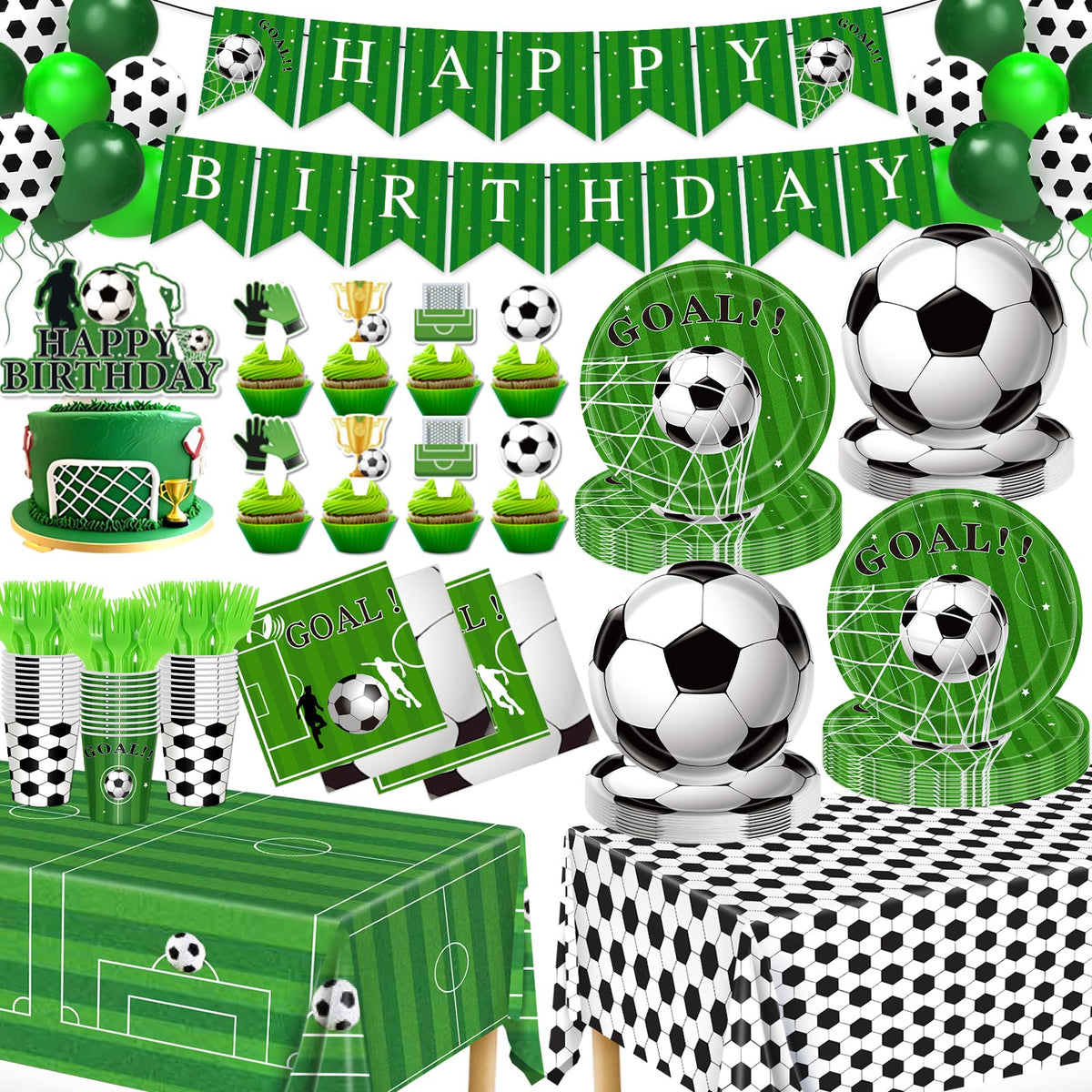 Miucat soccer party plates and napkins setup, serves 24 guests for a ready-to-celebrate party.