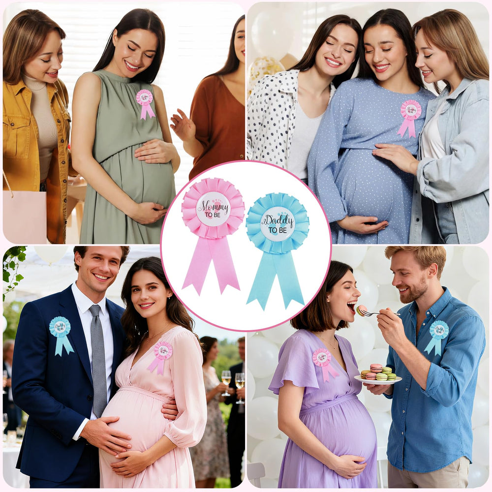 Two-pin MixPeak gender reveal decor set arranged for photos